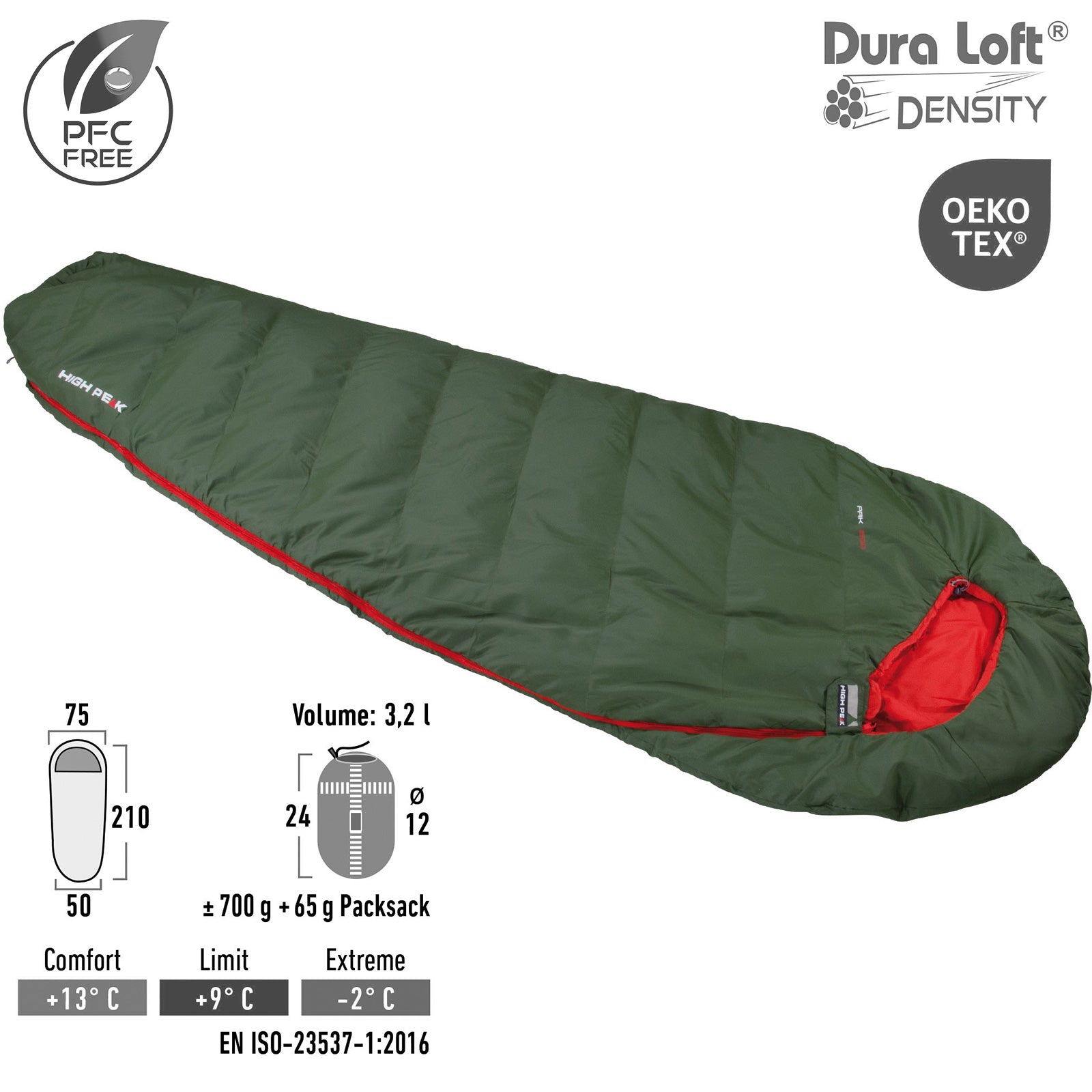 Sac de couchage momie HIGH PEAK Pak 600 ECO, sac de couchage de randonnée d'été ultraléger