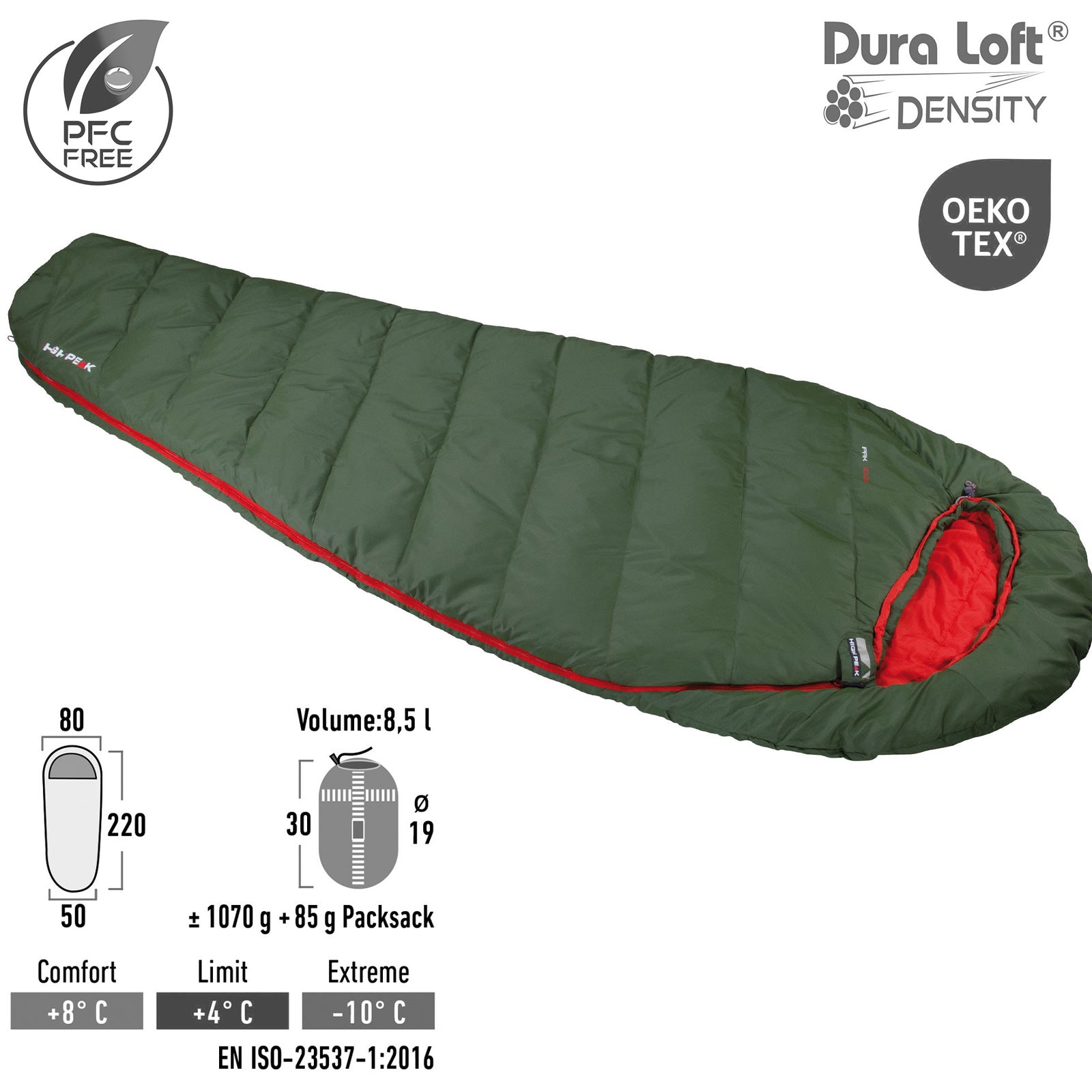 Sac de couchage momie HIGH PEAK Pak 1000 ECO, sac de couchage de randonnée d'été léger