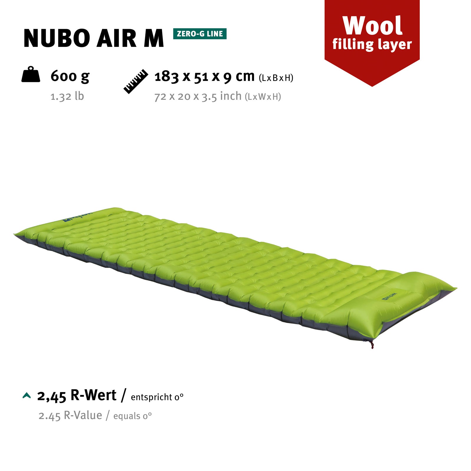 WECHSEL Matelas de couchage de trekking Nubo Air M Air Bed Ultra Light Pump Cotton 0,6 kg