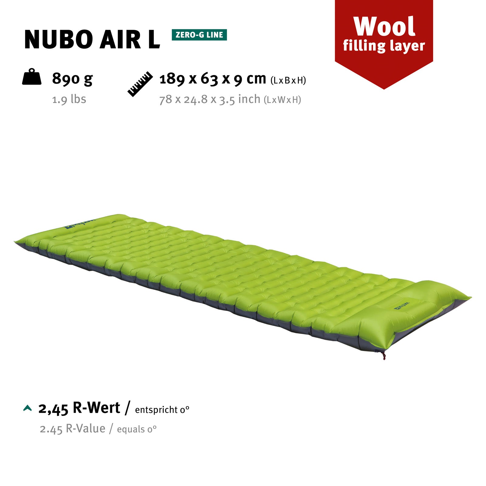 WECHSEL Trekking-slaapmat Nubo Air L luchtbed ultralicht met pomp, katoen, 0,9 kg
