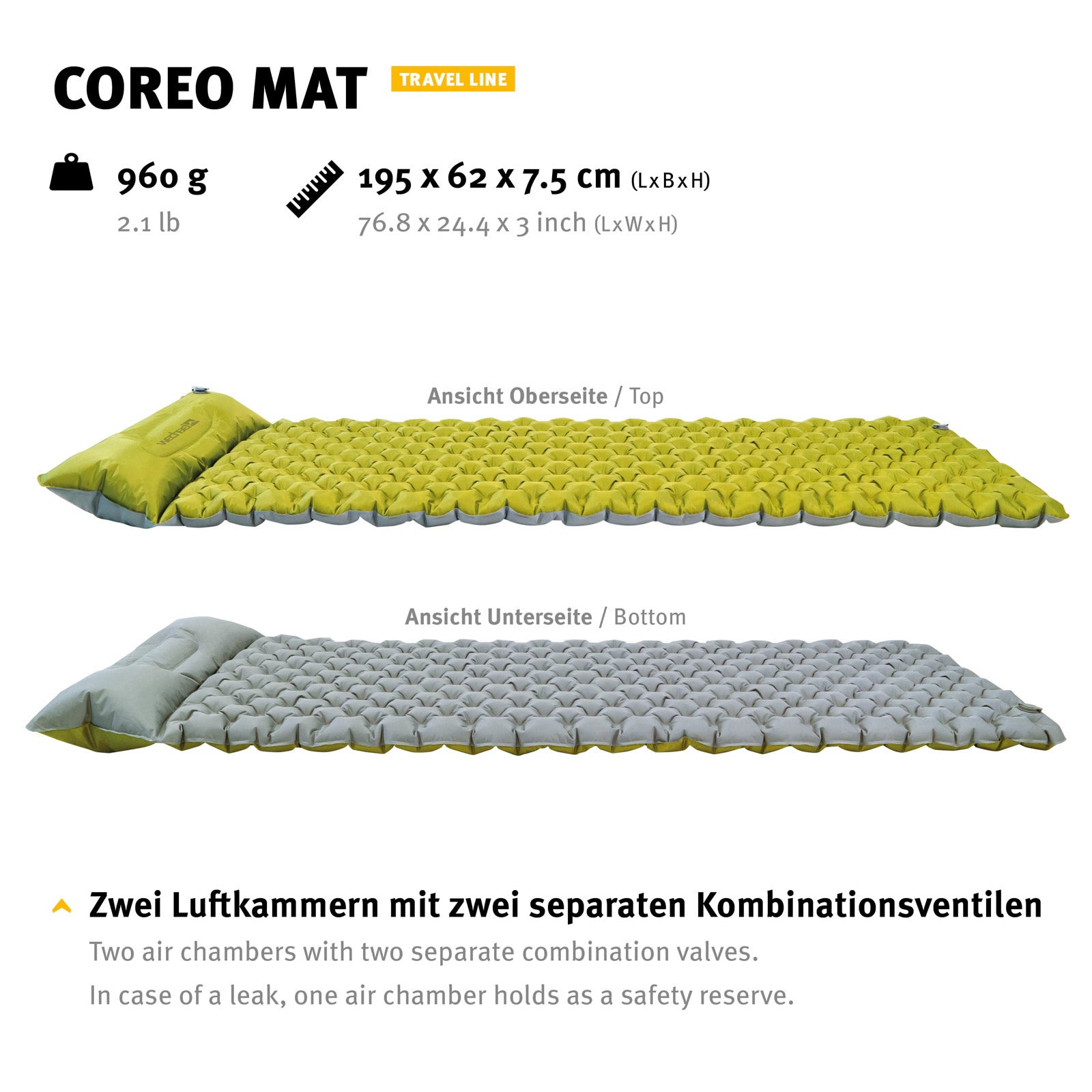 WECHSEL Trekking Isomatte Coreo Luftbett Thermomatte Ultra Leicht Pumpe 0,9 kg