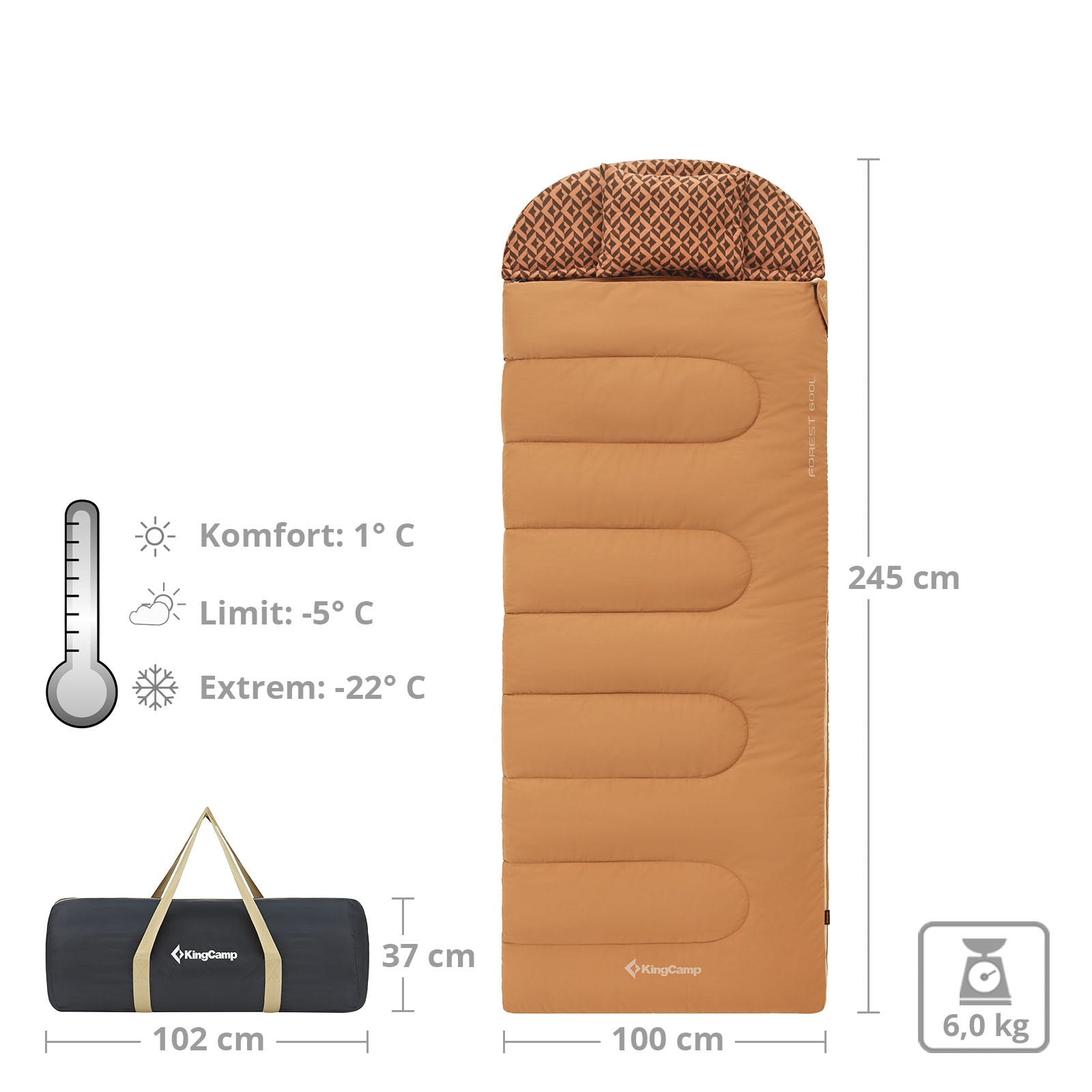 KINGCAMP Deckenschlafsack Forest Winter Schlafsack XL Lang Breit Baumwolle -22°C