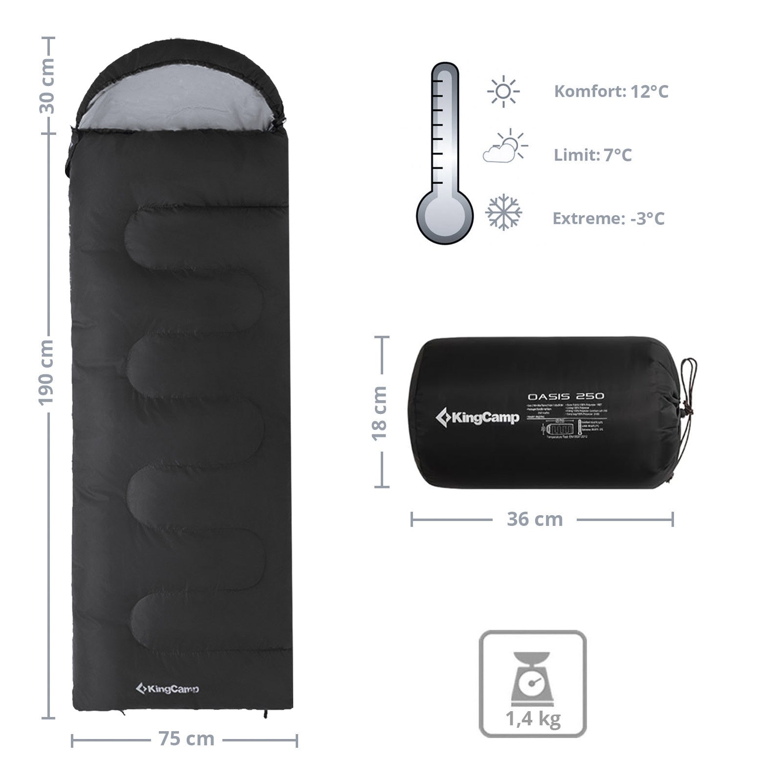 KINGCAMP Decken Schlafsack Oasis 250 Sommer Camping Outdoor 2,2m Lang&Breit -3°C