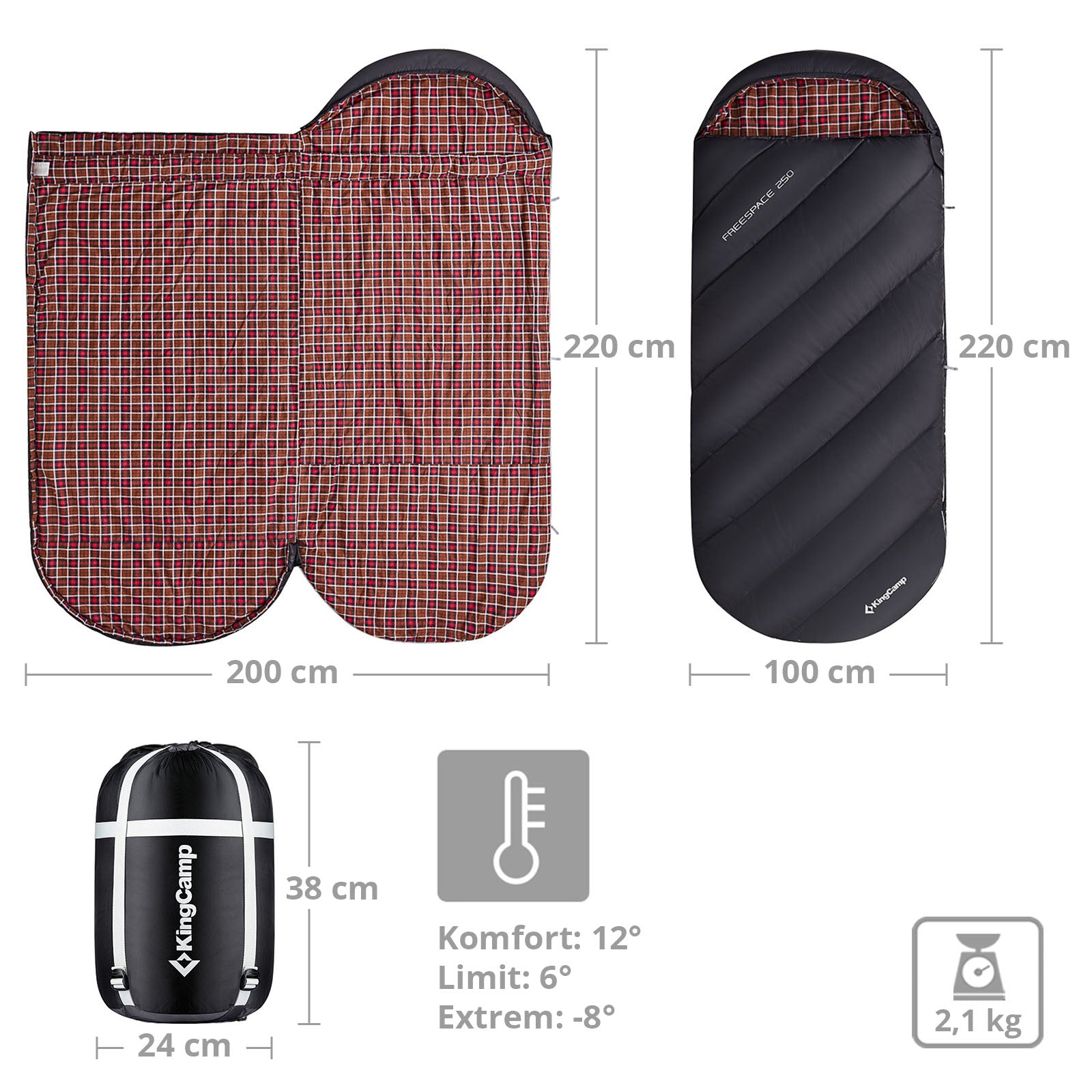 KINGCAMP Deckenschlafsack Freespace 250 Winter Schlafsack Breit Baumwolle -8°C