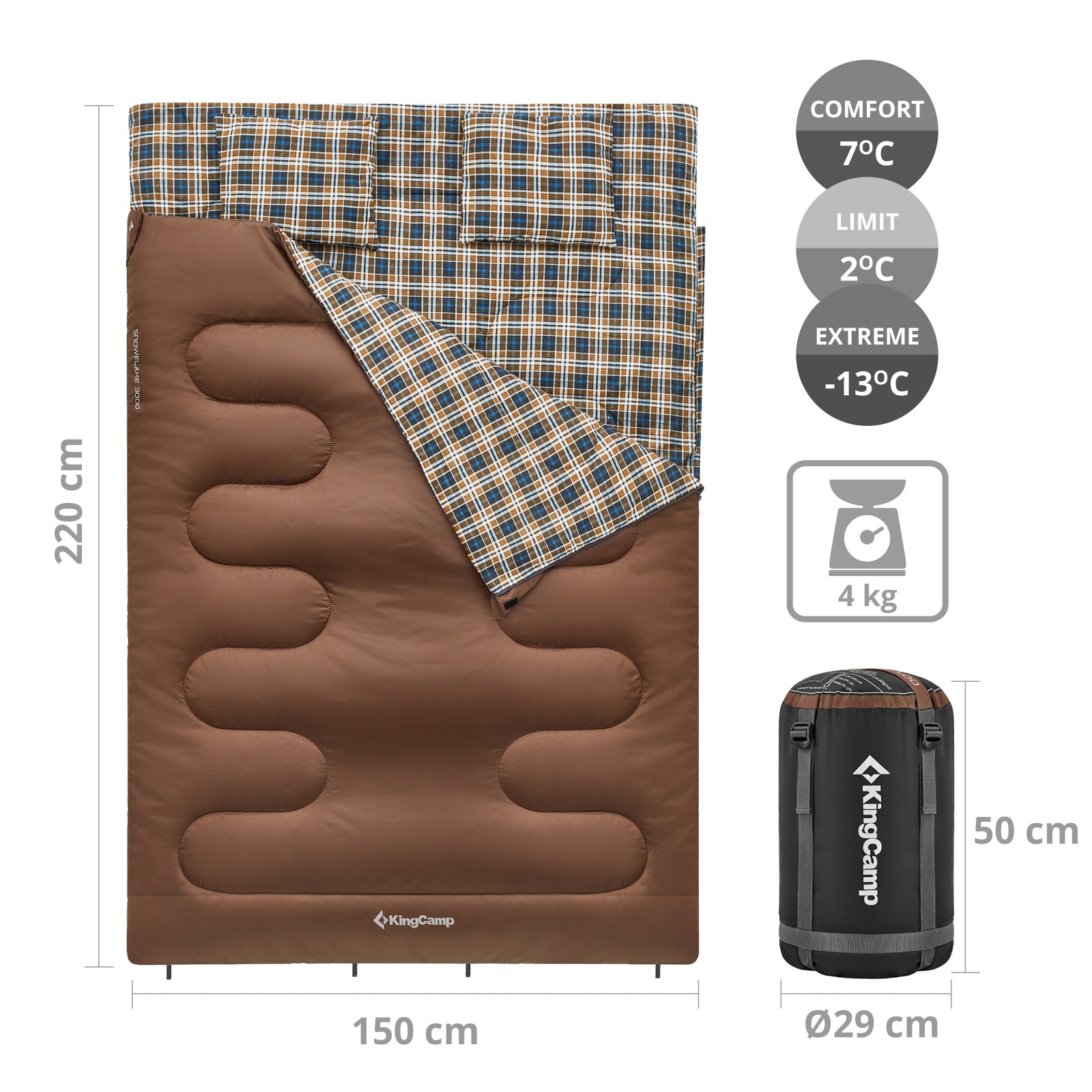 KINGCAMP Deckenschlafsack Snowflake 300D 2 Personen Doppel Schlafsack Lang -13°C