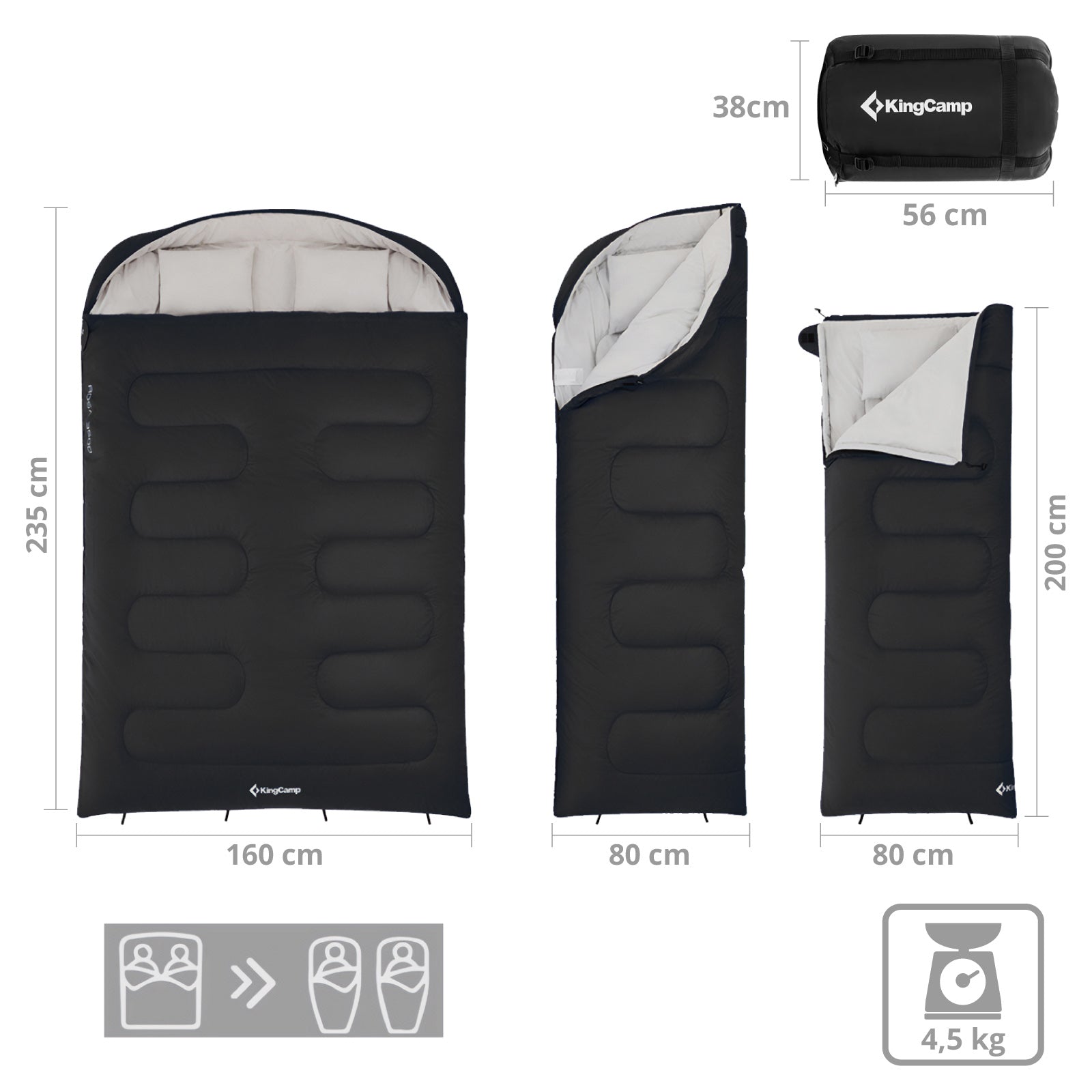 KINGCAMP Deckenschlafsack Fallon Double 2 Personen Doppel Schlafsack Lang -14°C