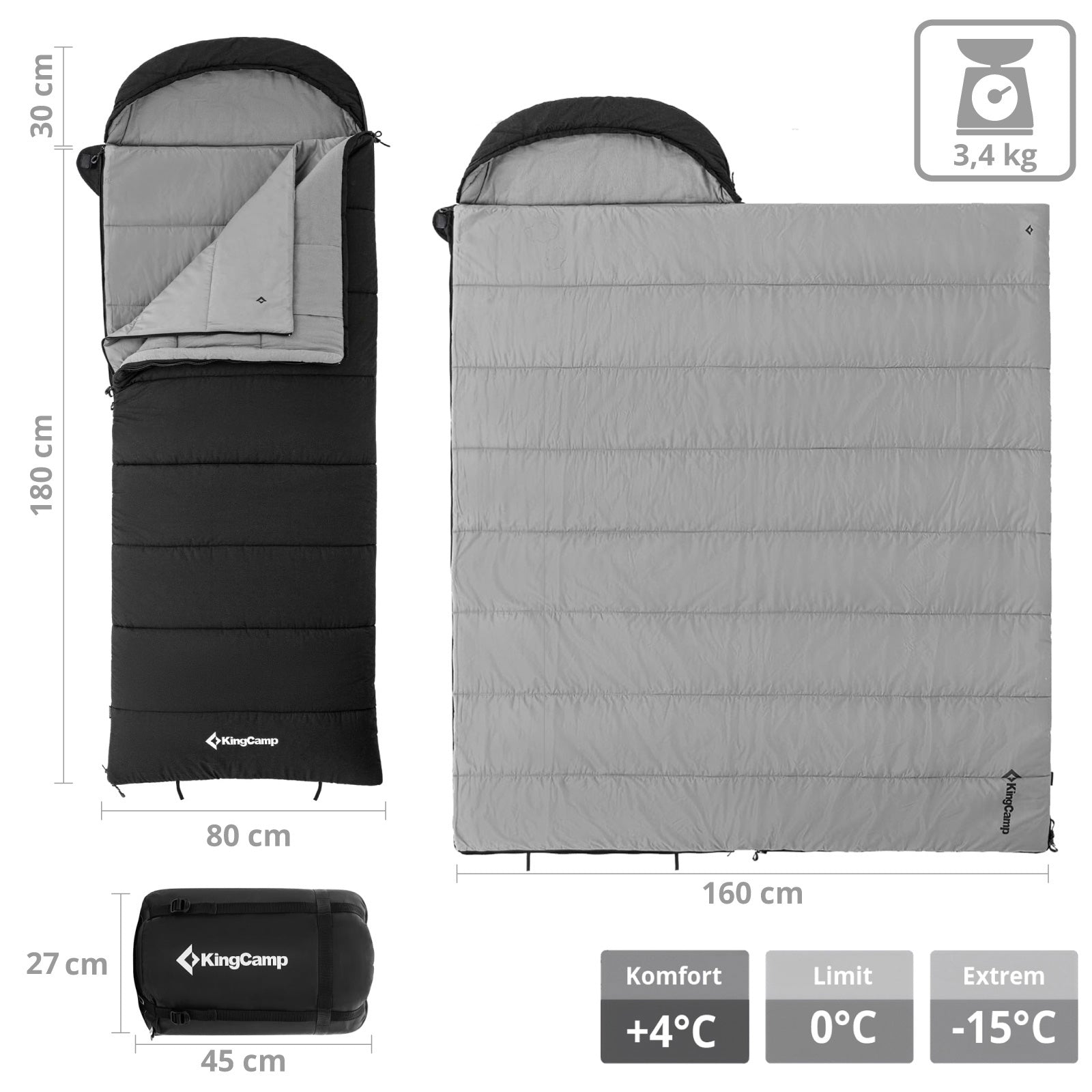 Sac de couchage KINGCAMP Bedfort pour l'hiver, XL (long et large), en coton, -15 °C