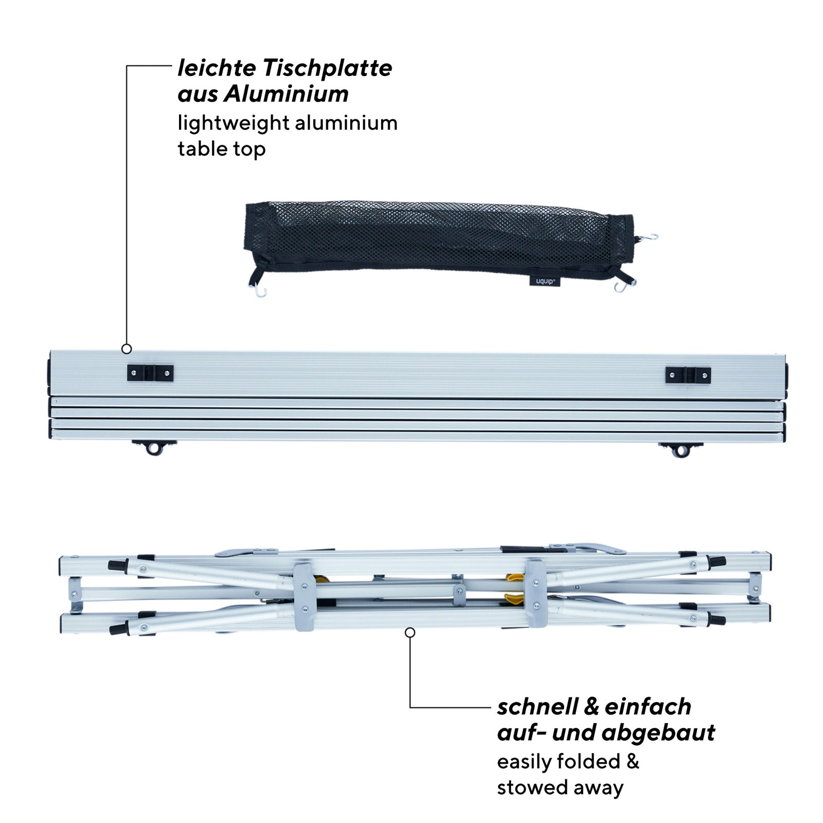 Table de camping UQUIP Variety M, table roulante de camping réglable en hauteur en continu en aluminium