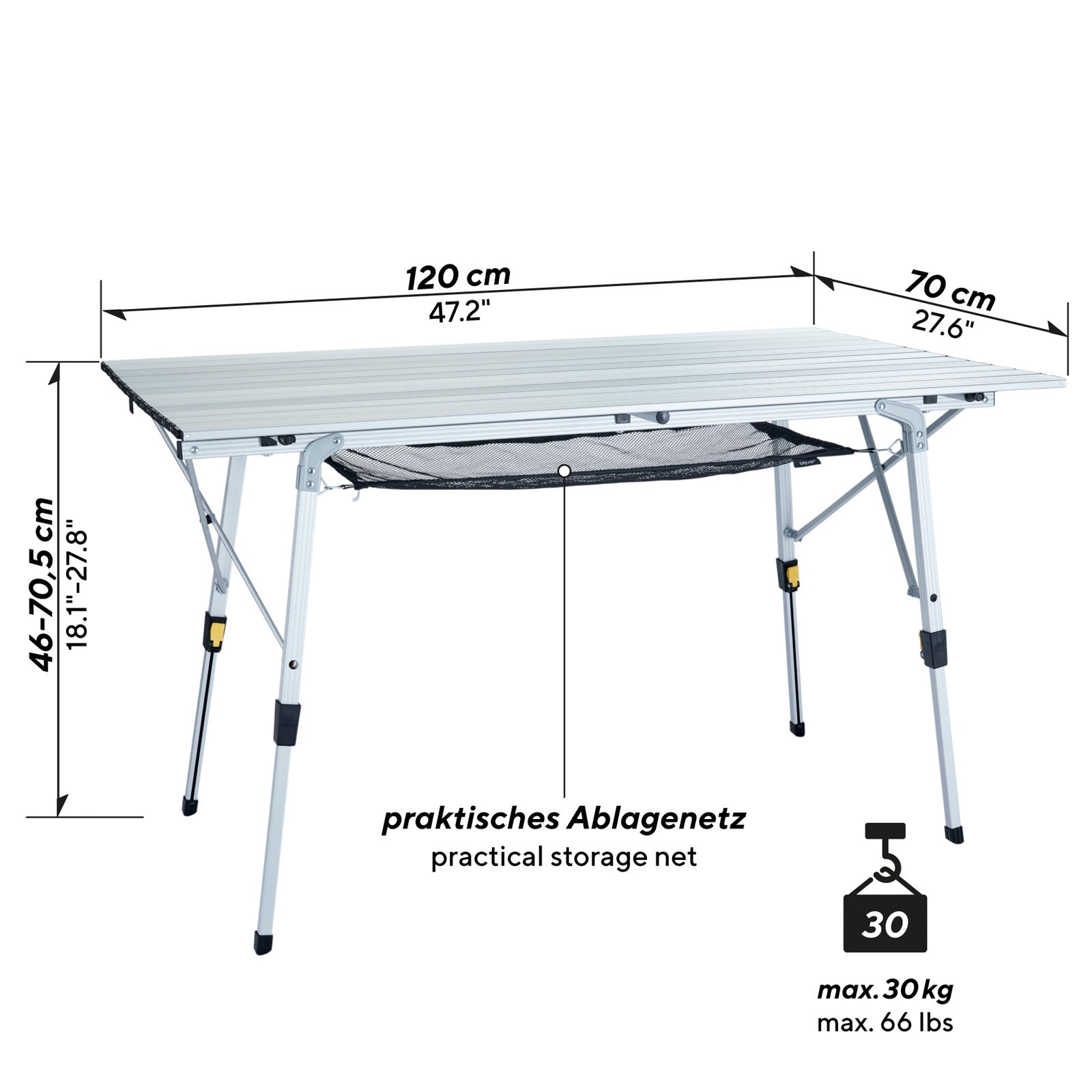 Table de camping pliante en aluminium UQUIP Variety L, résistante aux intempéries, légère et réglable en hauteur