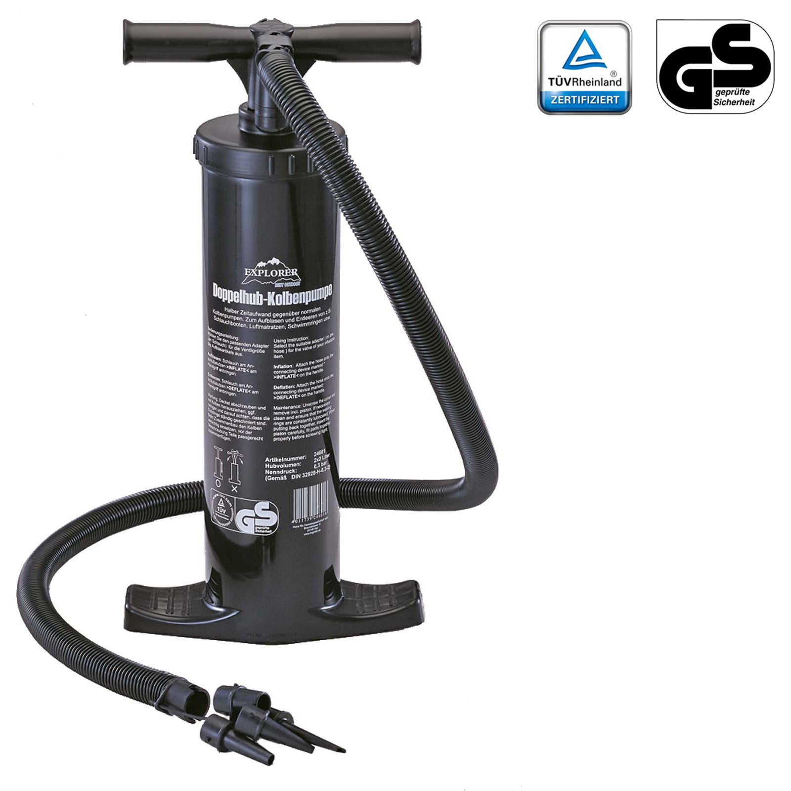 EXPLORER Standpumpe 2x2 L - Doppelhub Kolben Pumpe Camping Luft Bett Pool Boot