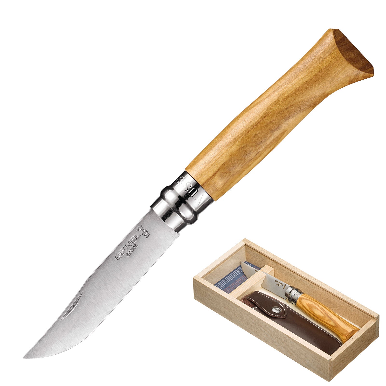 OPINEL Gift Set Knife No. 8 + Case - Folding Knife Pocket Knife Olive Wood