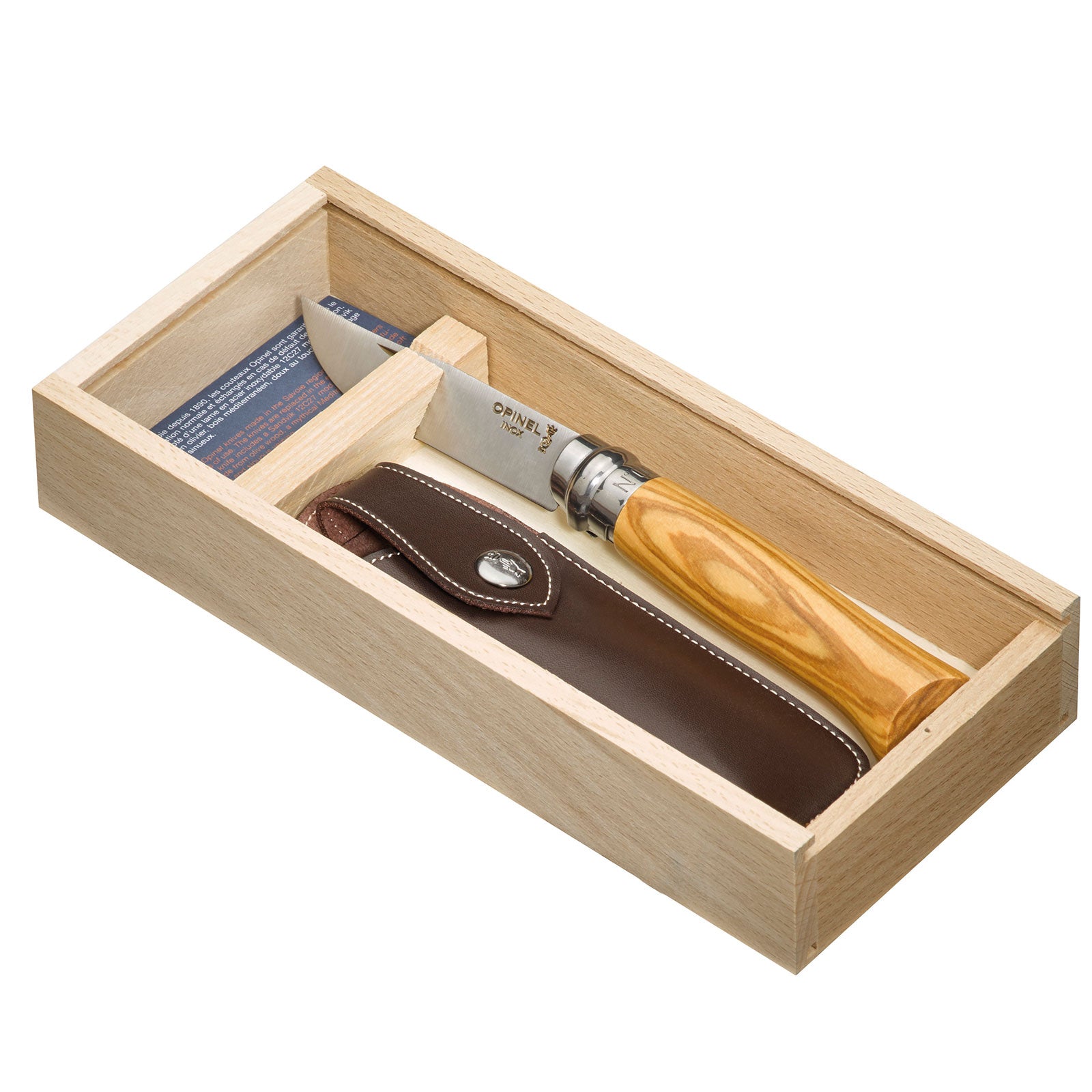 OPINEL Geschenk Set Messer No. 8 + Etui - Klappmesser Taschenmesser Oliven Holz