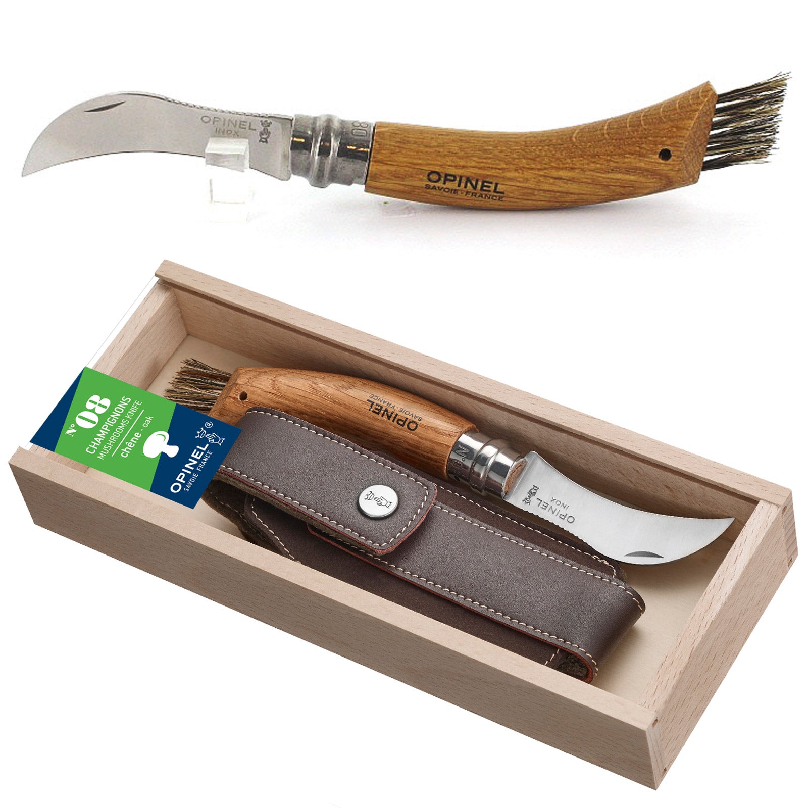 OPINEL Pilzmesser + Etui Taschenmesser Schwammerl Klappmesser Pilz Bürste Eiche