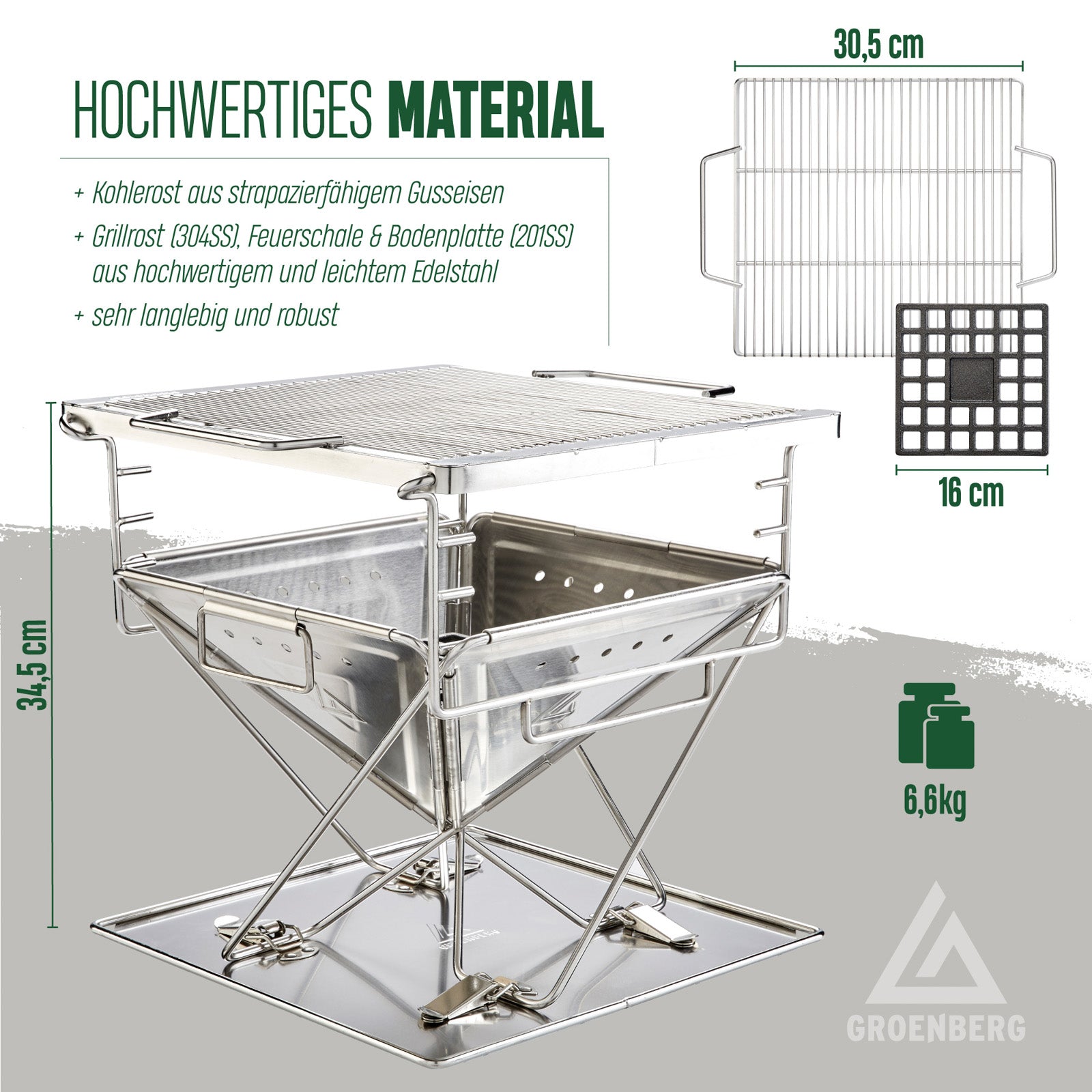 GROENBERG Camping Grill Katla M Opvouwbare houtskoolgrill, opvouwbaar, voor buiten, roestvrij staal