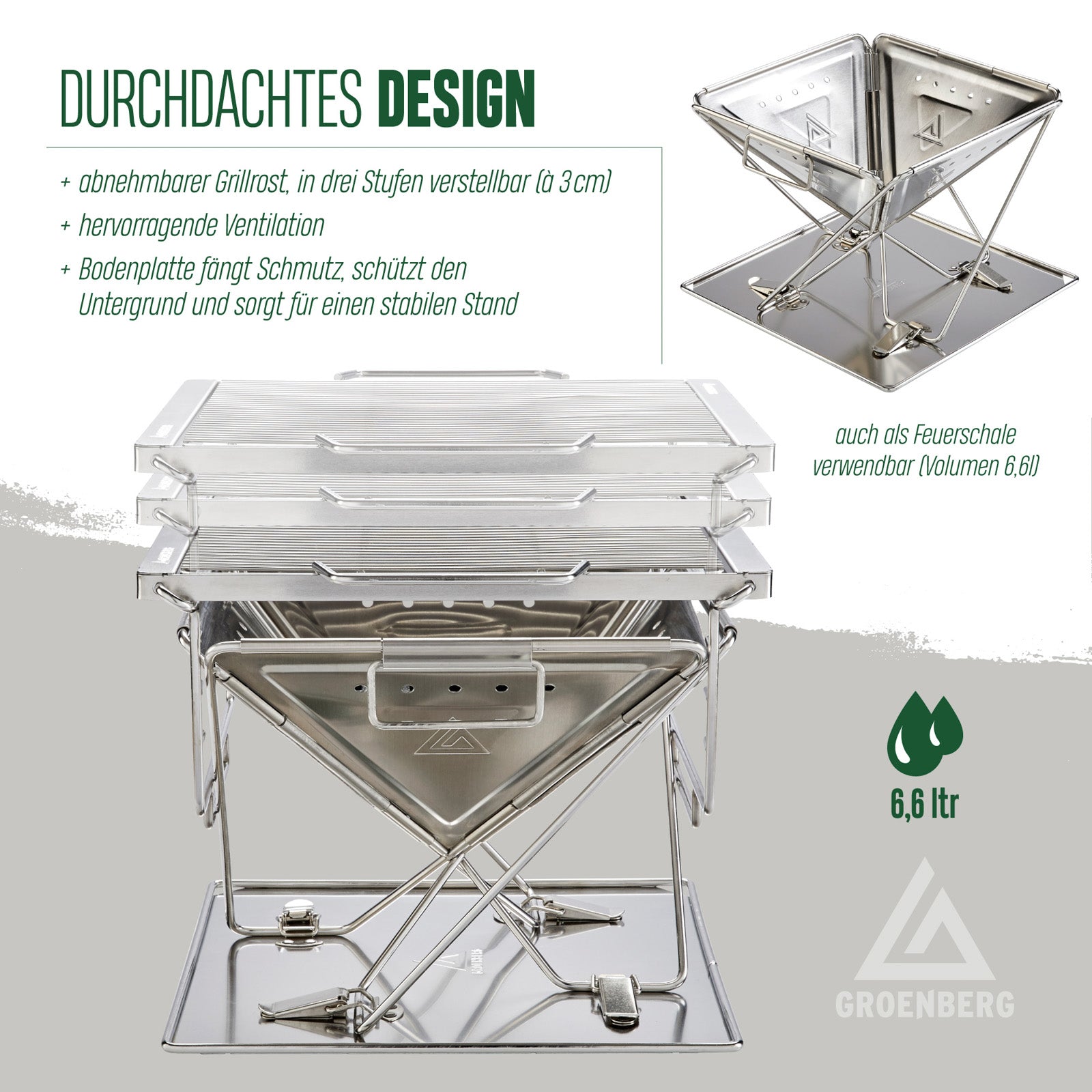 GROENBERG Camping Grill Katla M Opvouwbare houtskoolgrill, opvouwbaar, voor buiten, roestvrij staal