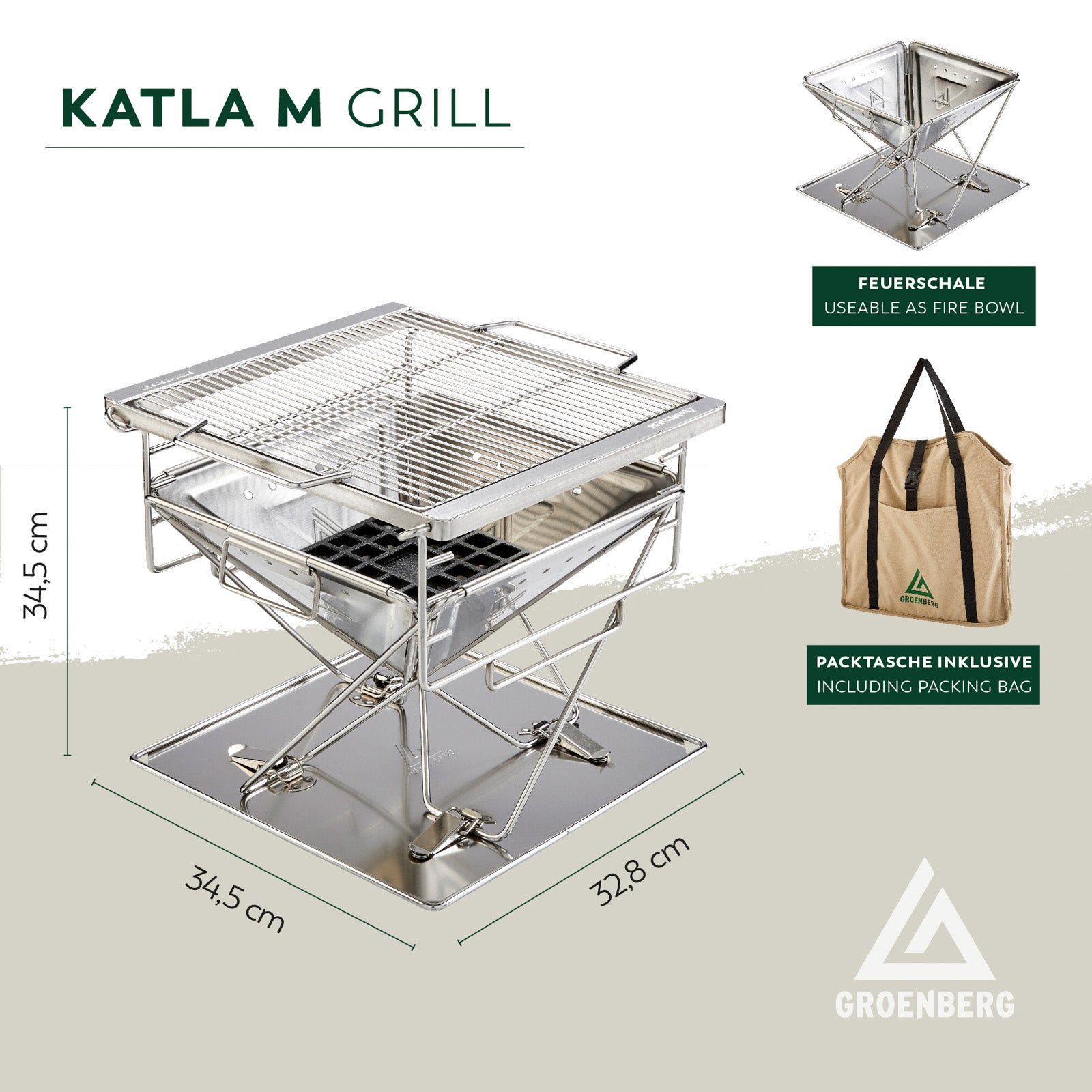 GROENBERG Camping Grill Katla M Folding Grill Wood Charcoal Foldable Outdoor Stainless Steel