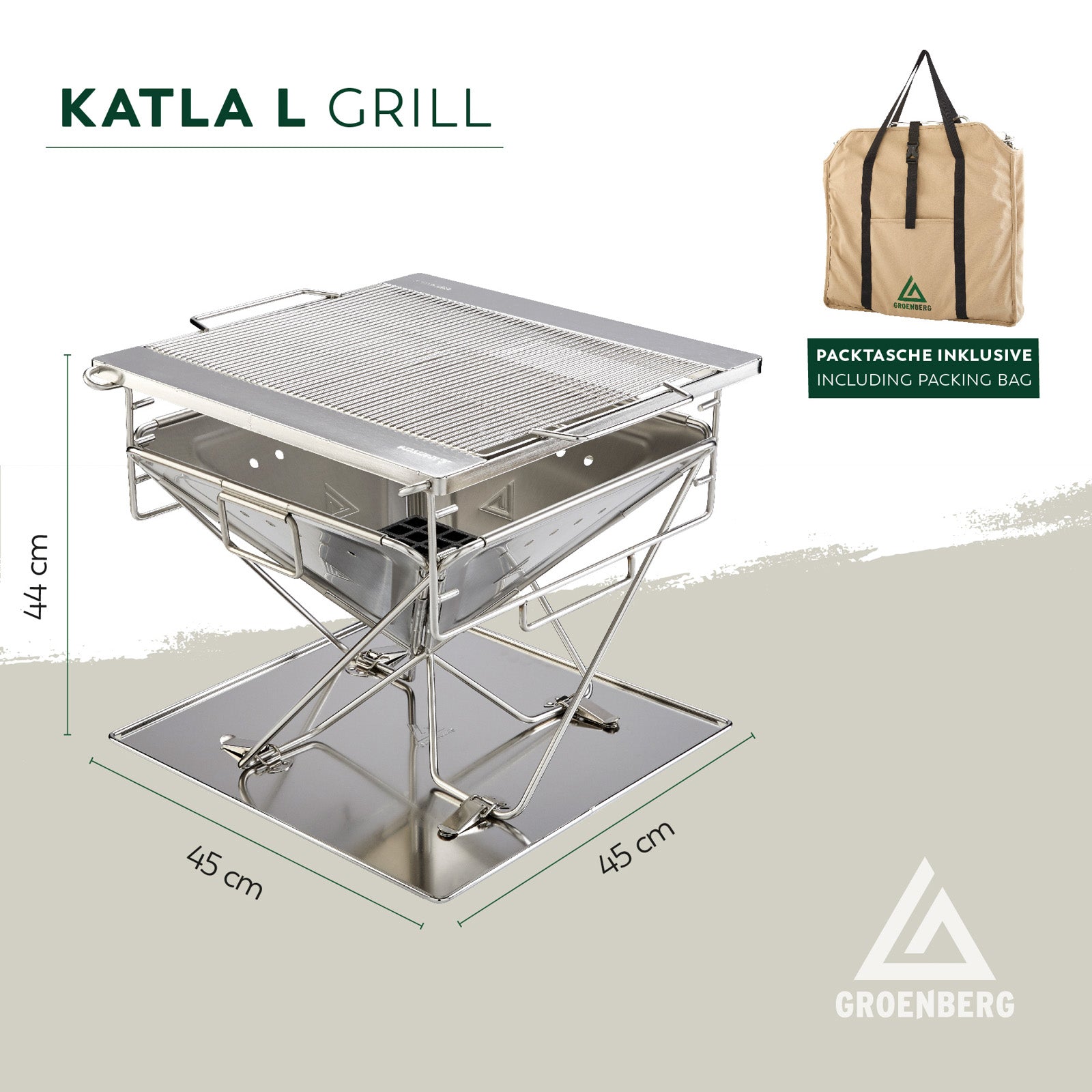 Gril de camping pliable Katla L de Groenberg, en acier inoxydable, pour extérieur, au charbon de bois et au bois