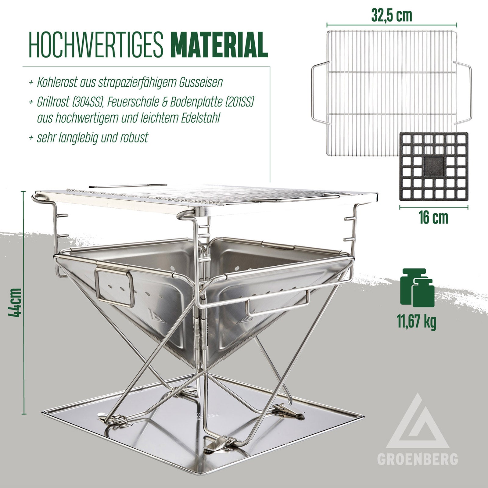 GROENBERG Camping Grill Katla L Opvouwbare houtskoolgrill, opvouwbaar, voor buiten, roestvrij staal