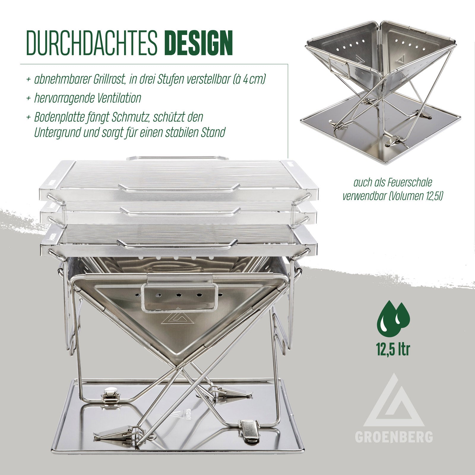 GROENBERG Camping Grill Katla L Folding Grill Wood Charcoal Foldable Outdoor Stainless Steel