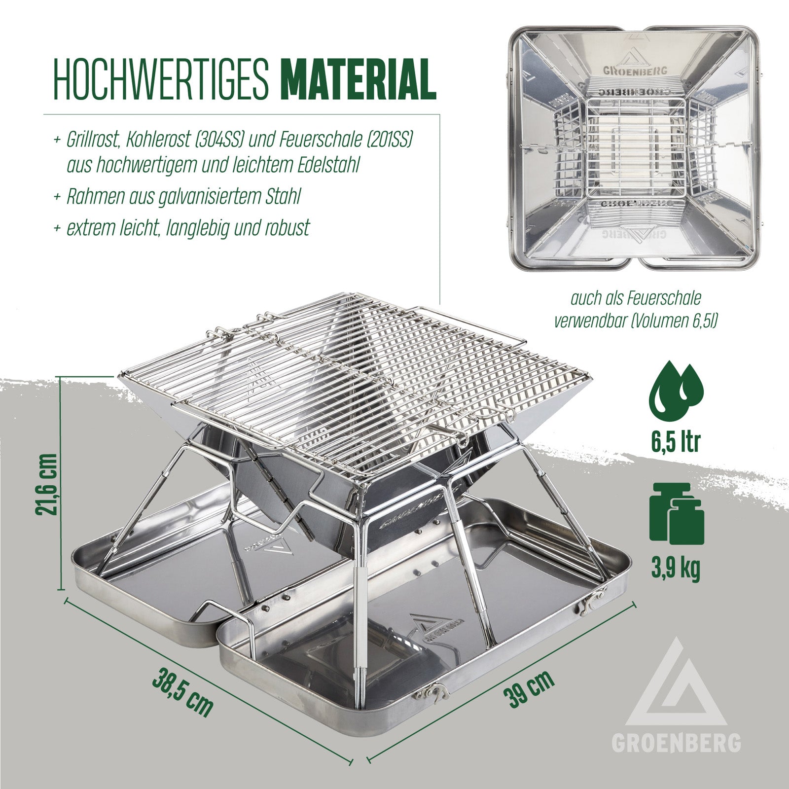 Gril de camping pliable GROENBERG Eldfell M, en acier inoxydable, pour extérieur, au charbon de bois et au bois