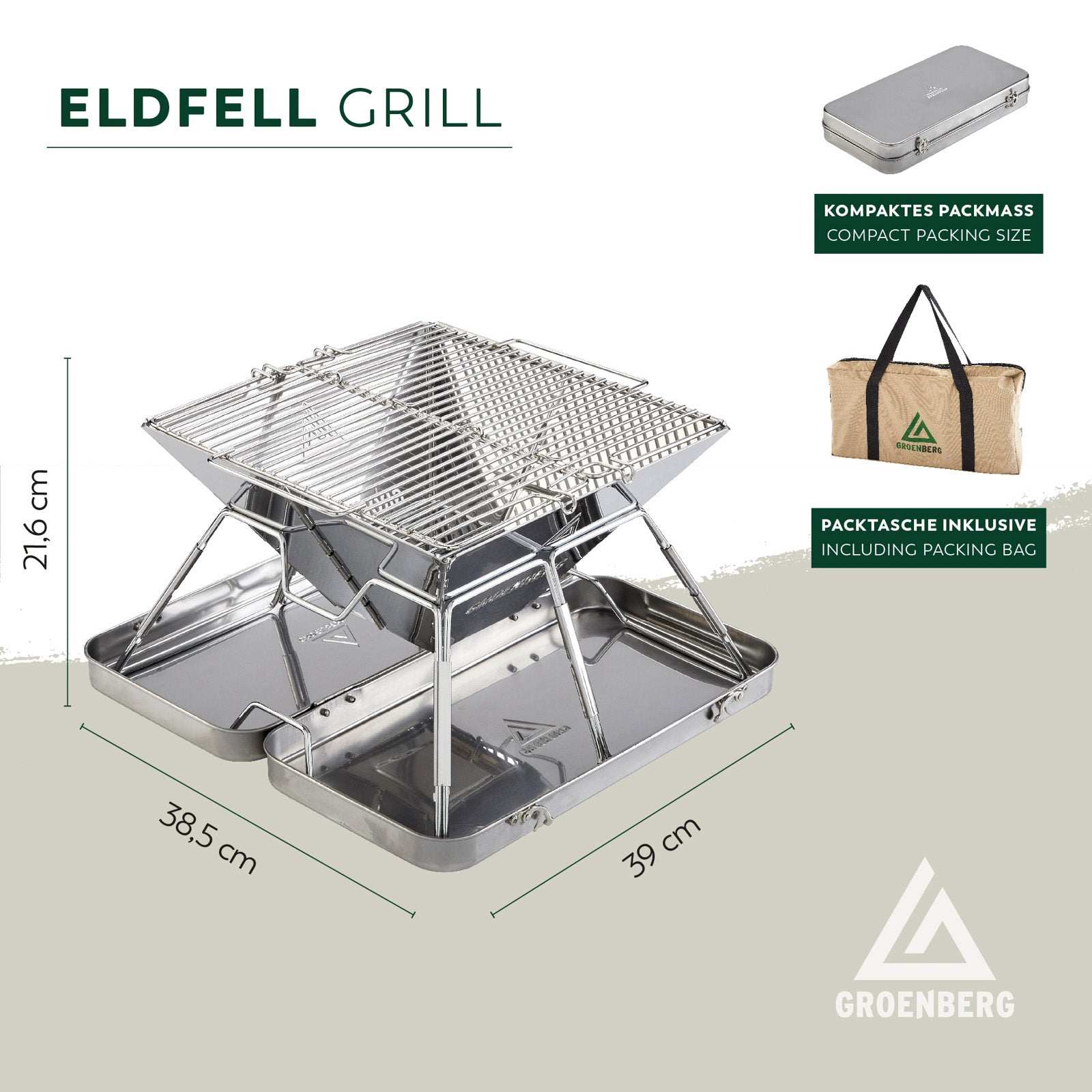 Gril de camping pliable GROENBERG Eldfell M, en acier inoxydable, pour extérieur, au charbon de bois et au bois