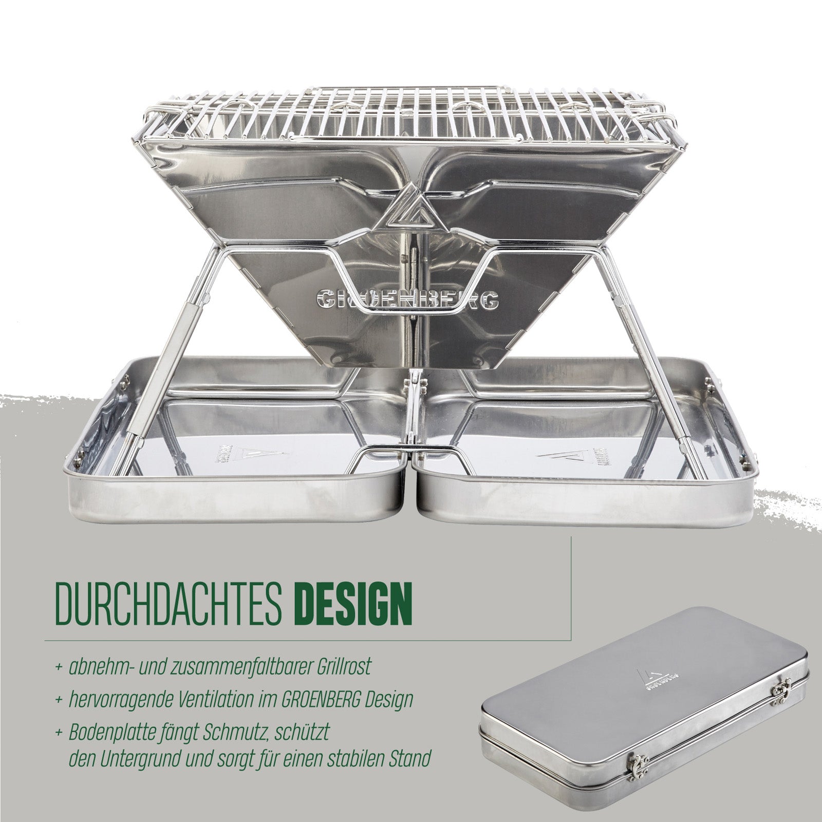 GROENBERG Camping Grill Eldfell M Opvouwbare houtskoolgrill, opvouwbaar, voor buiten, roestvrij staal