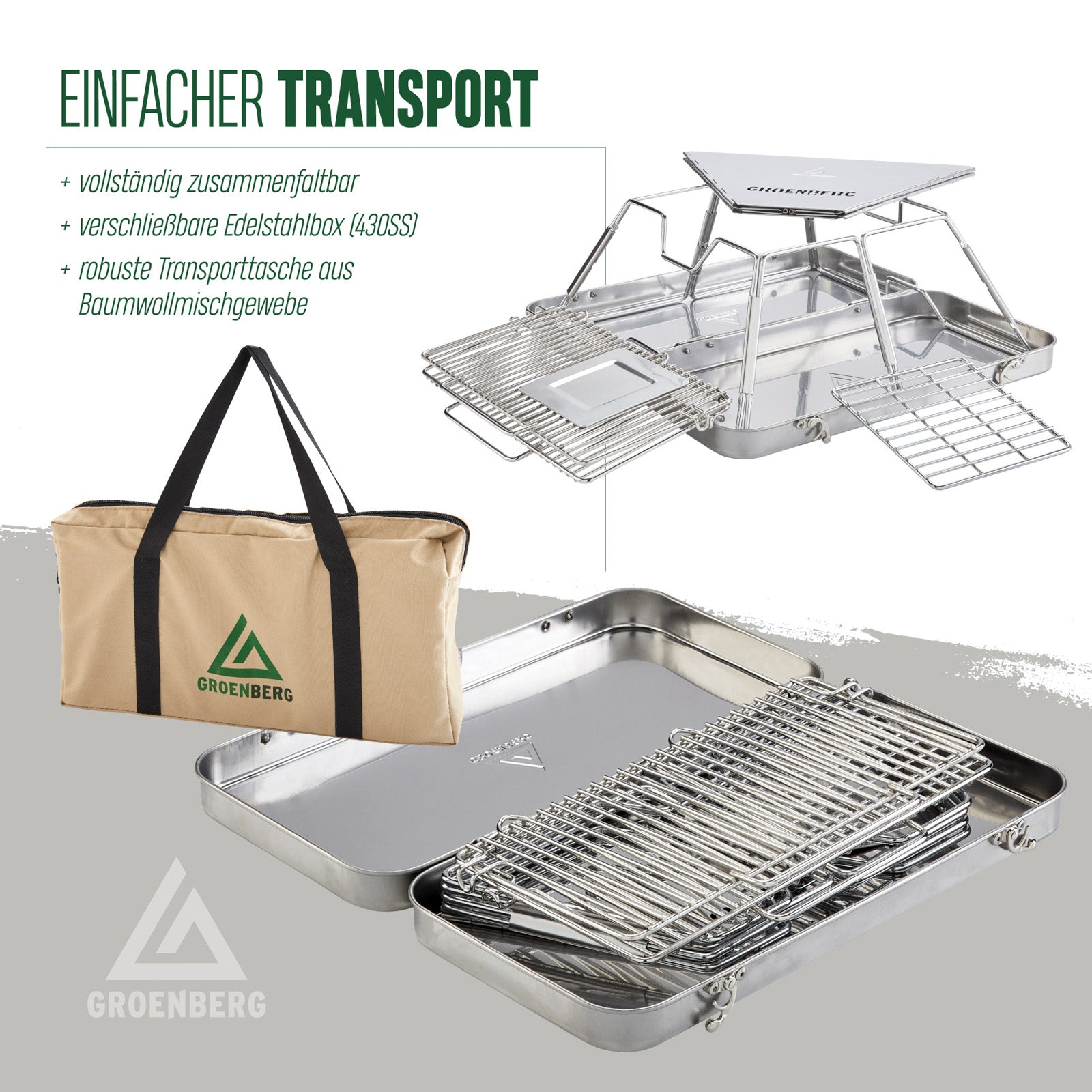 GROENBERG Camping Grill Eldfell M Opvouwbare houtskoolgrill, opvouwbaar, voor buiten, roestvrij staal