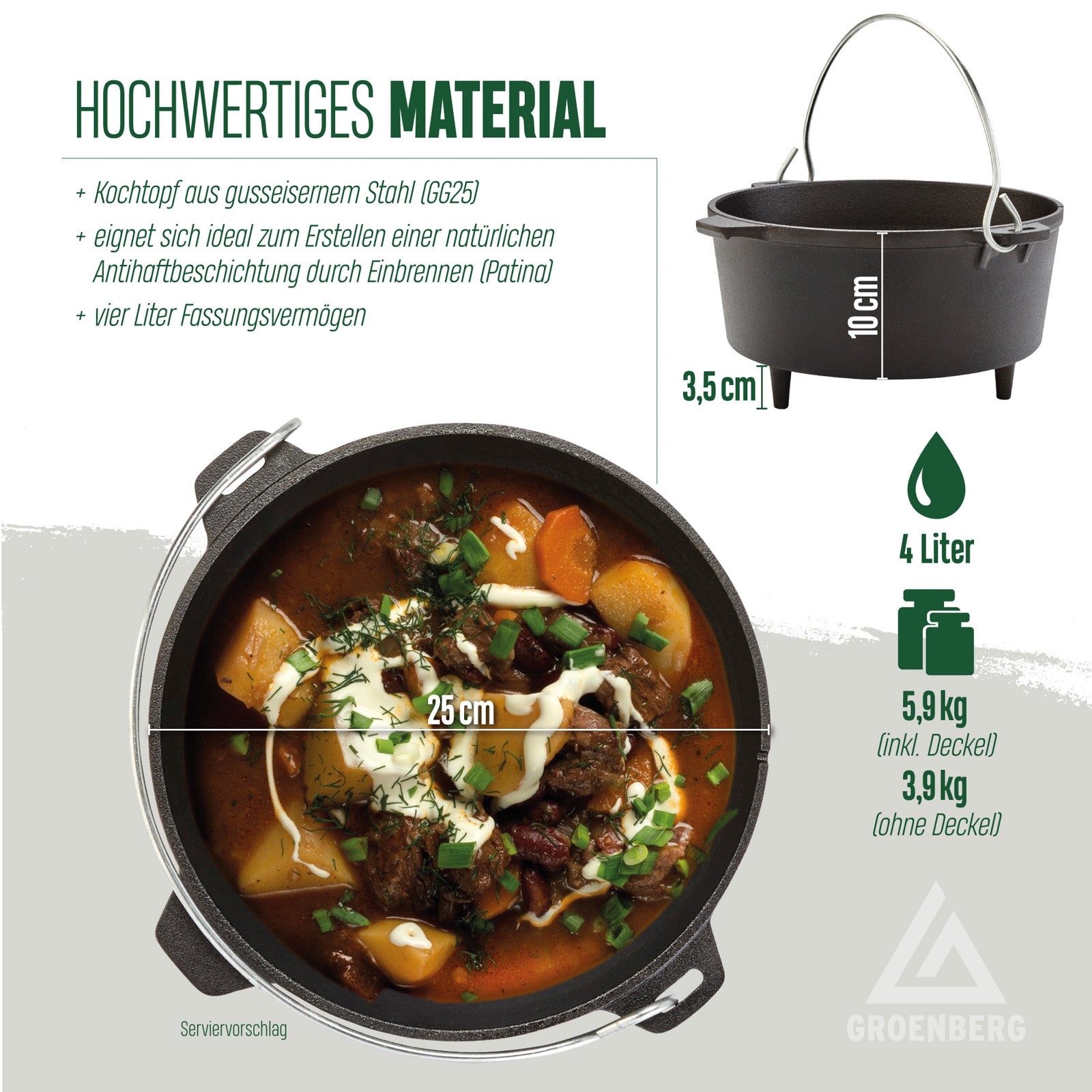 GROENBERG Fire Pot Askja Pot 4 L Marmite Four hollandais Camping Extérieur Fonte