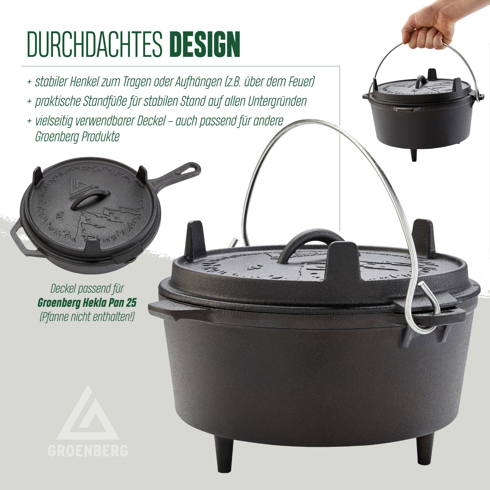 GROENBERG Fire Pot Askja Pot 4 L Cooking Pot Dutch Oven Camping Outdoor Cast Iron