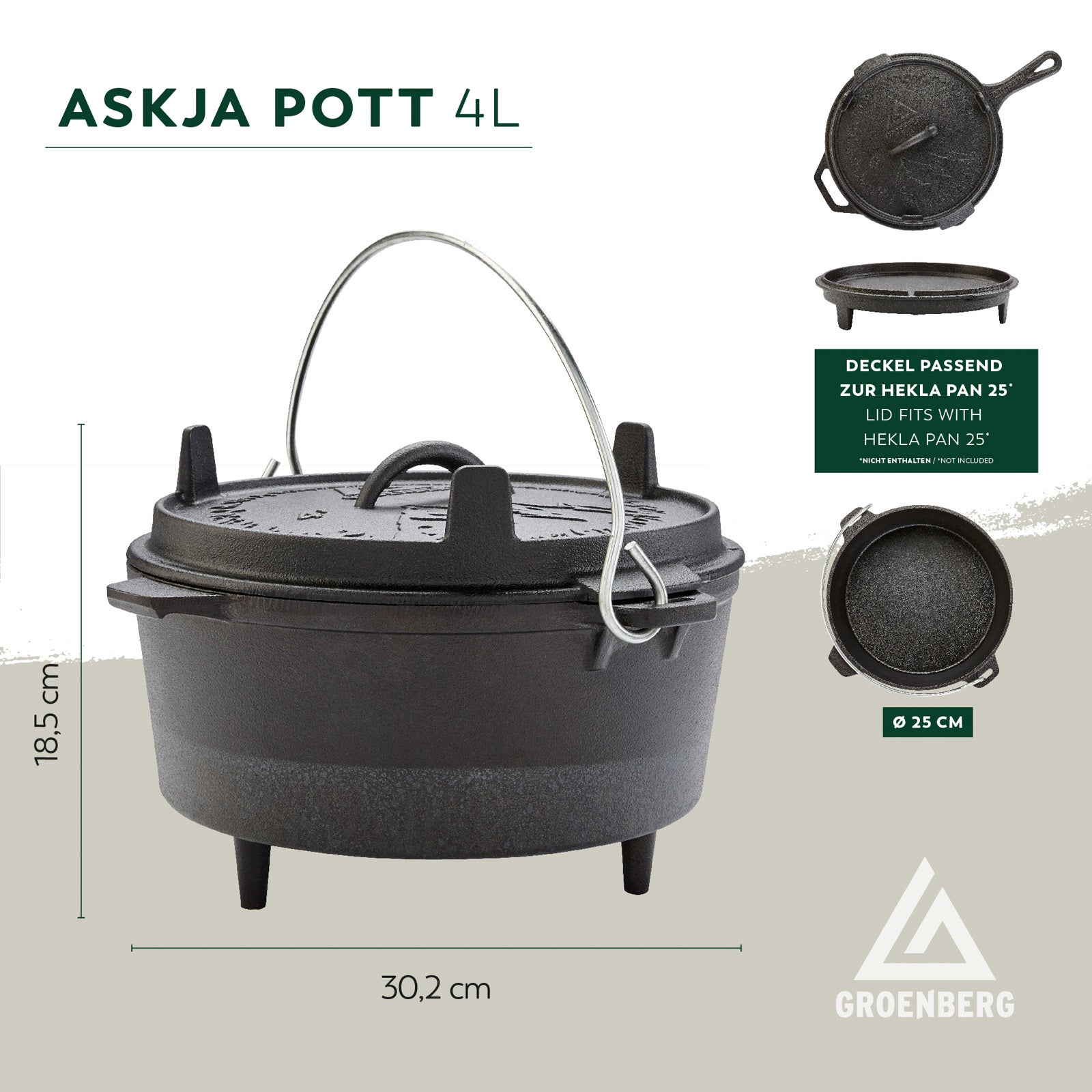 GROENBERG Fire Pot Askja Pot 4 L Cooking Pot Dutch Oven Camping Outdoor Cast Iron