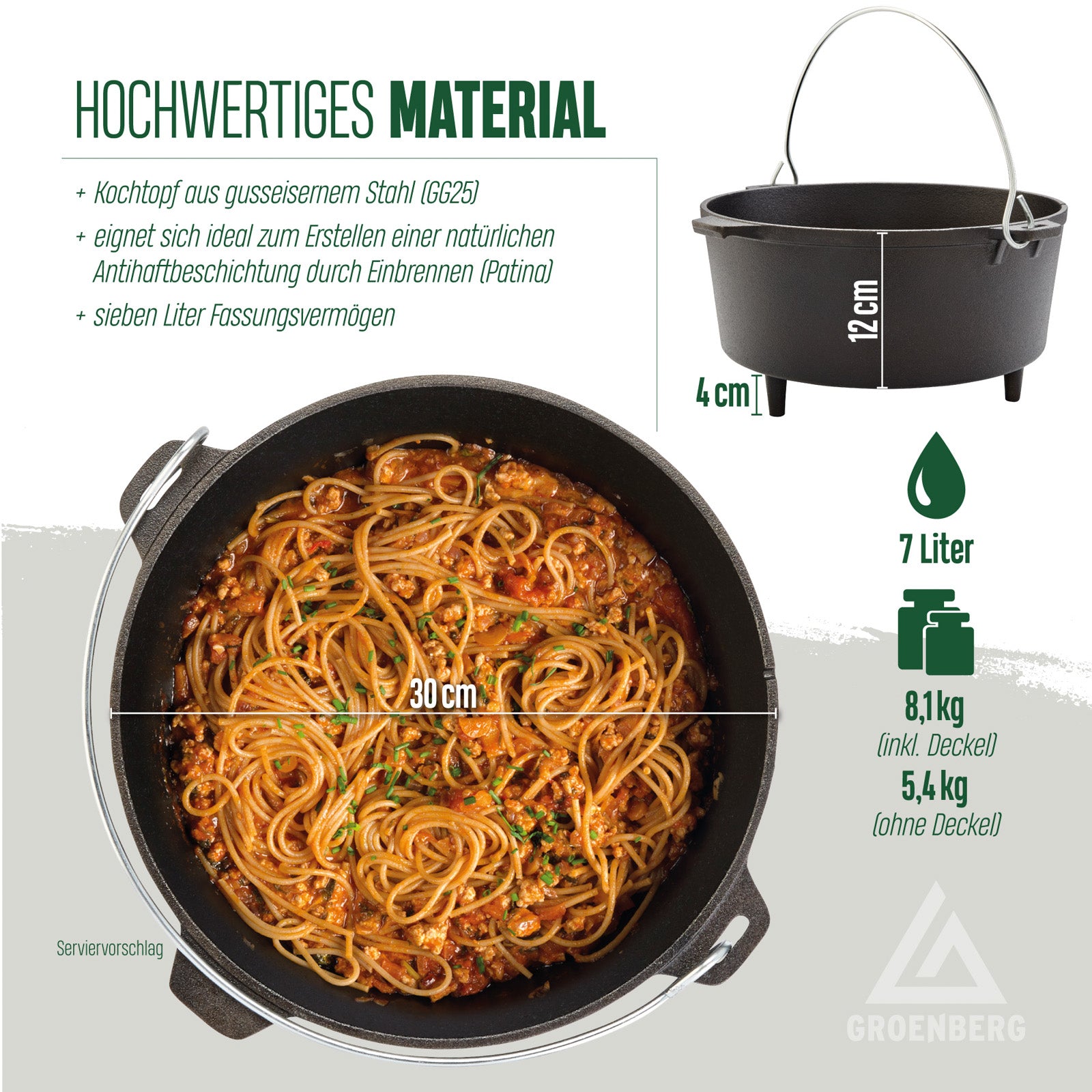 GROENBERG Fire Pot Askja Pot 7 L Cooking Pot Dutch Oven Camping Outdoor Cast Iron