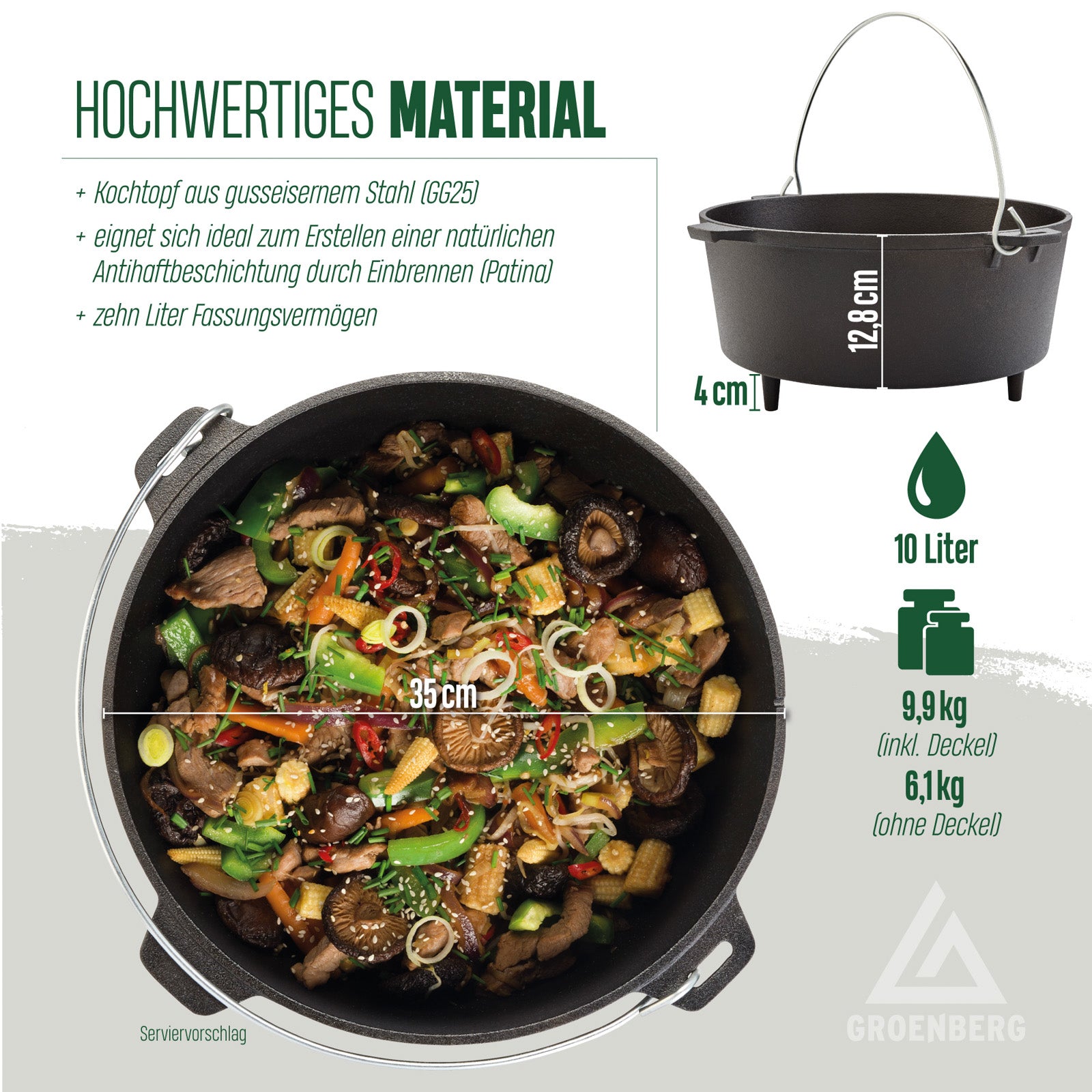GROENBERG Askja-braadpan 10 l, kookpan, Dutch oven, camping, outdoor, gietijzer