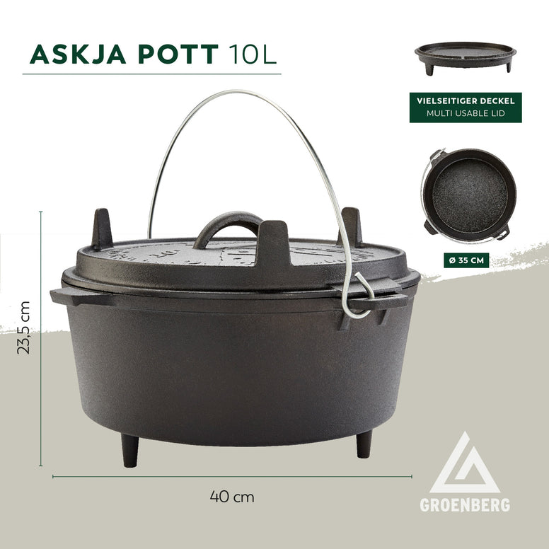 GROENBERG Fire Pot Askja Pot 10L Cooking Pot Dutch Oven Camping Outdoor Cast Iron