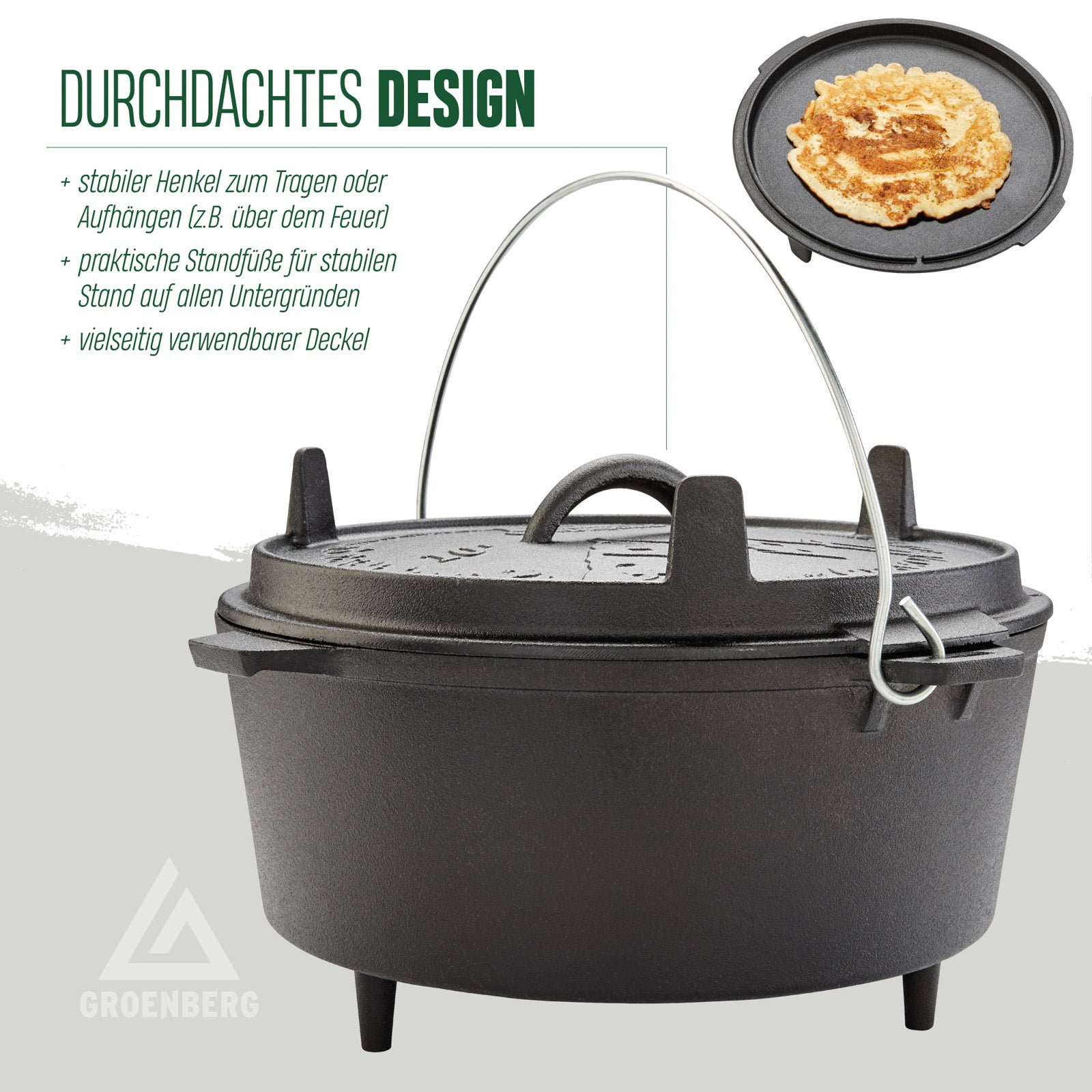GROENBERG Askja-braadpan 10 l, kookpan, Dutch oven, camping, outdoor, gietijzer