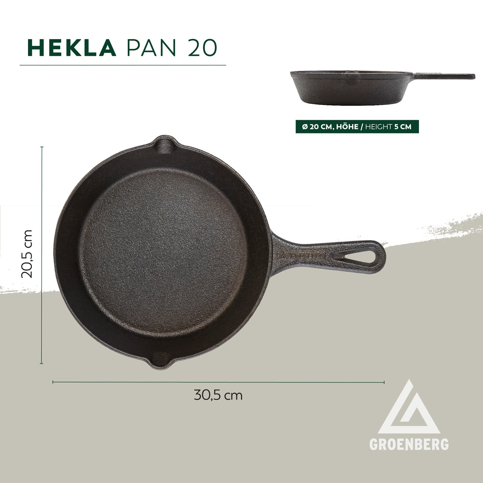 GROENBERG Gusseisen Pfanne Hekla Bratpfanne Grillpfanne Pfanne Griff Rund 20 cm