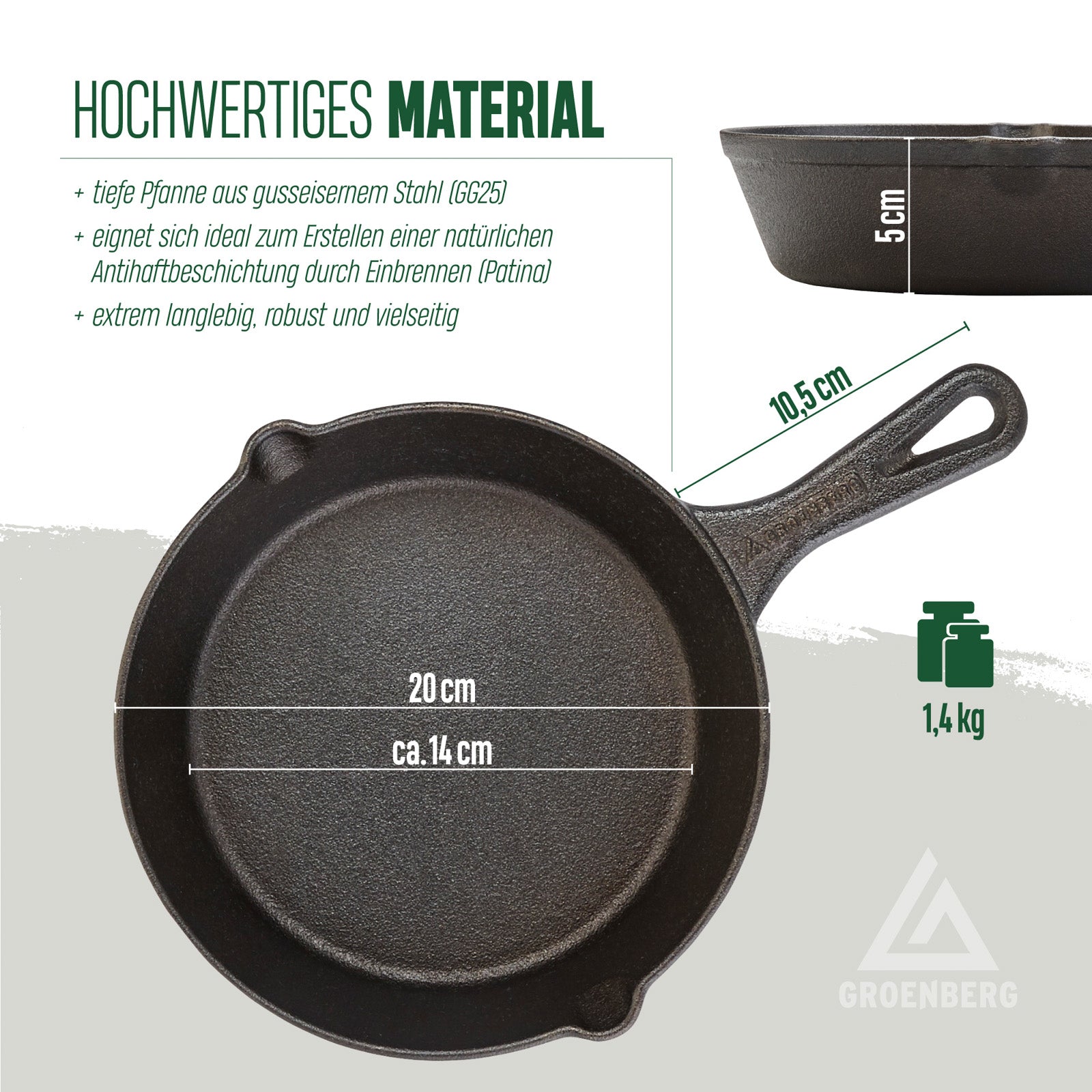 GROENBERG cast iron pan Hekla frying pan grill pan pan handle round 20 cm