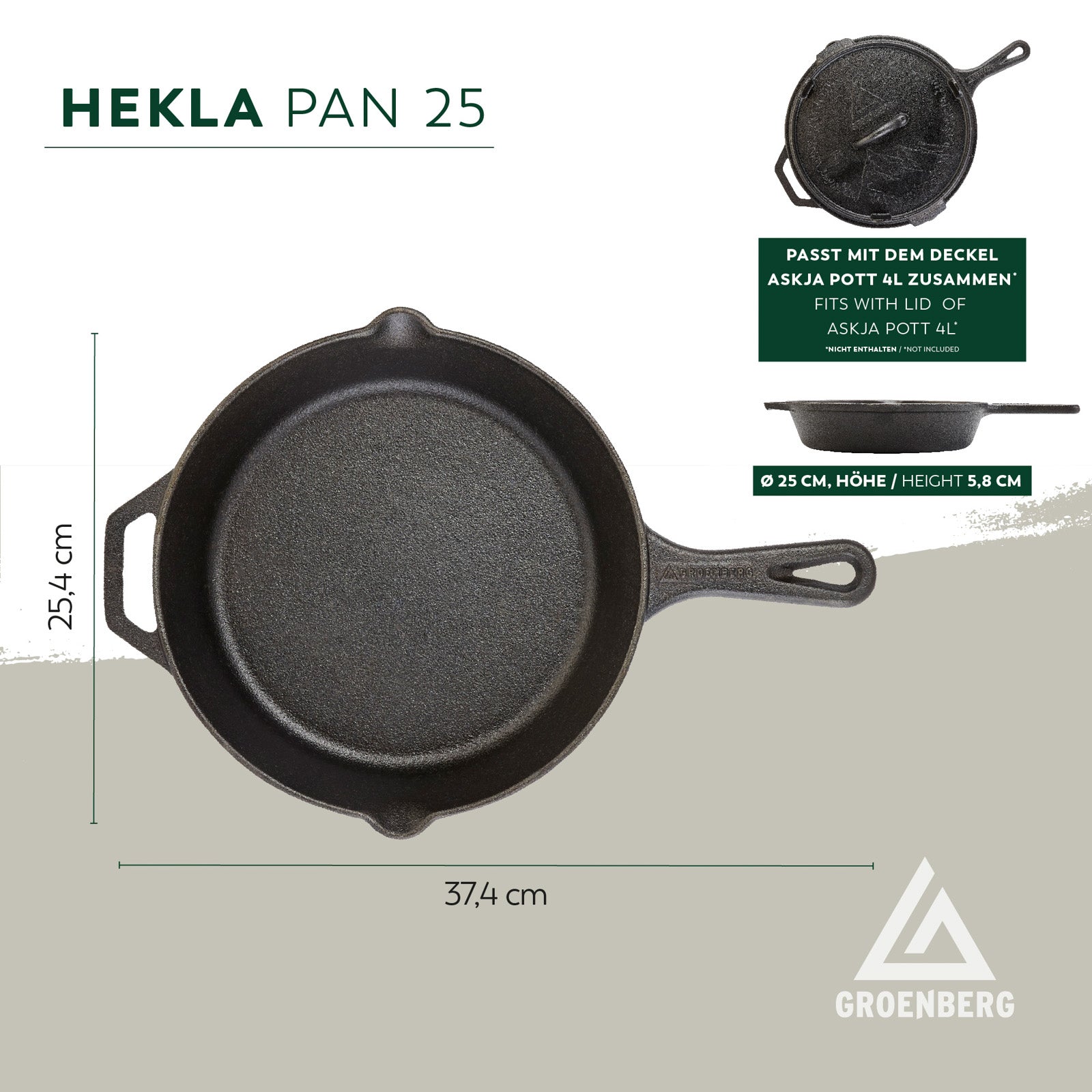 GROENBERG Gusseisen Pfanne Hekla Bratpfanne Grillpfanne Pfanne Griff Rund 25 cm