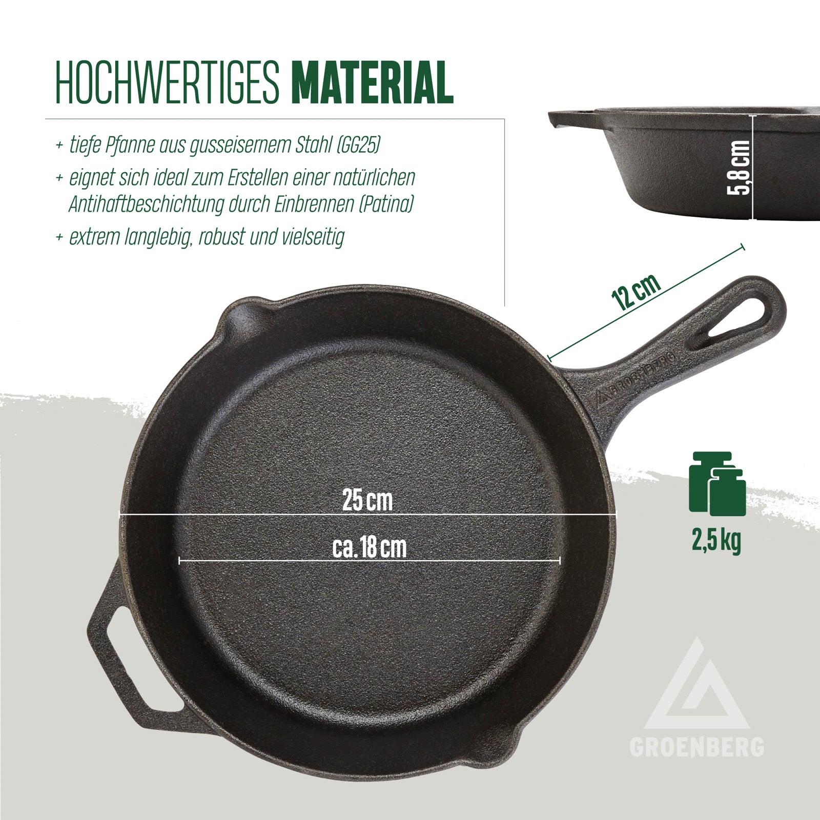 GROENBERG Gusseisen Pfanne Hekla Bratpfanne Grillpfanne Pfanne Griff Rund 25 cm