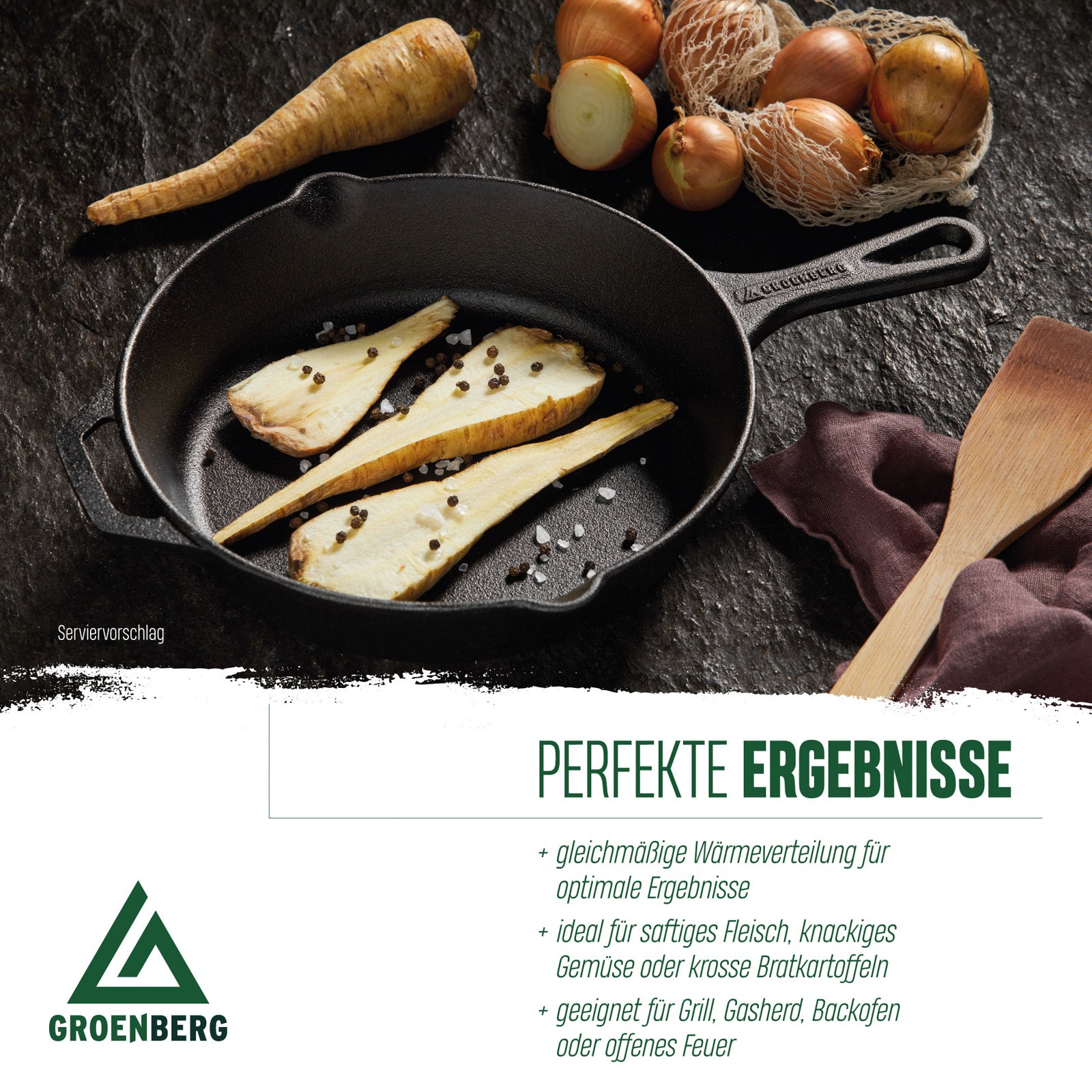 GROENBERG Gusseisen Pfanne Hekla Bratpfanne Grillpfanne Pfanne Griff Rund 25 cm
