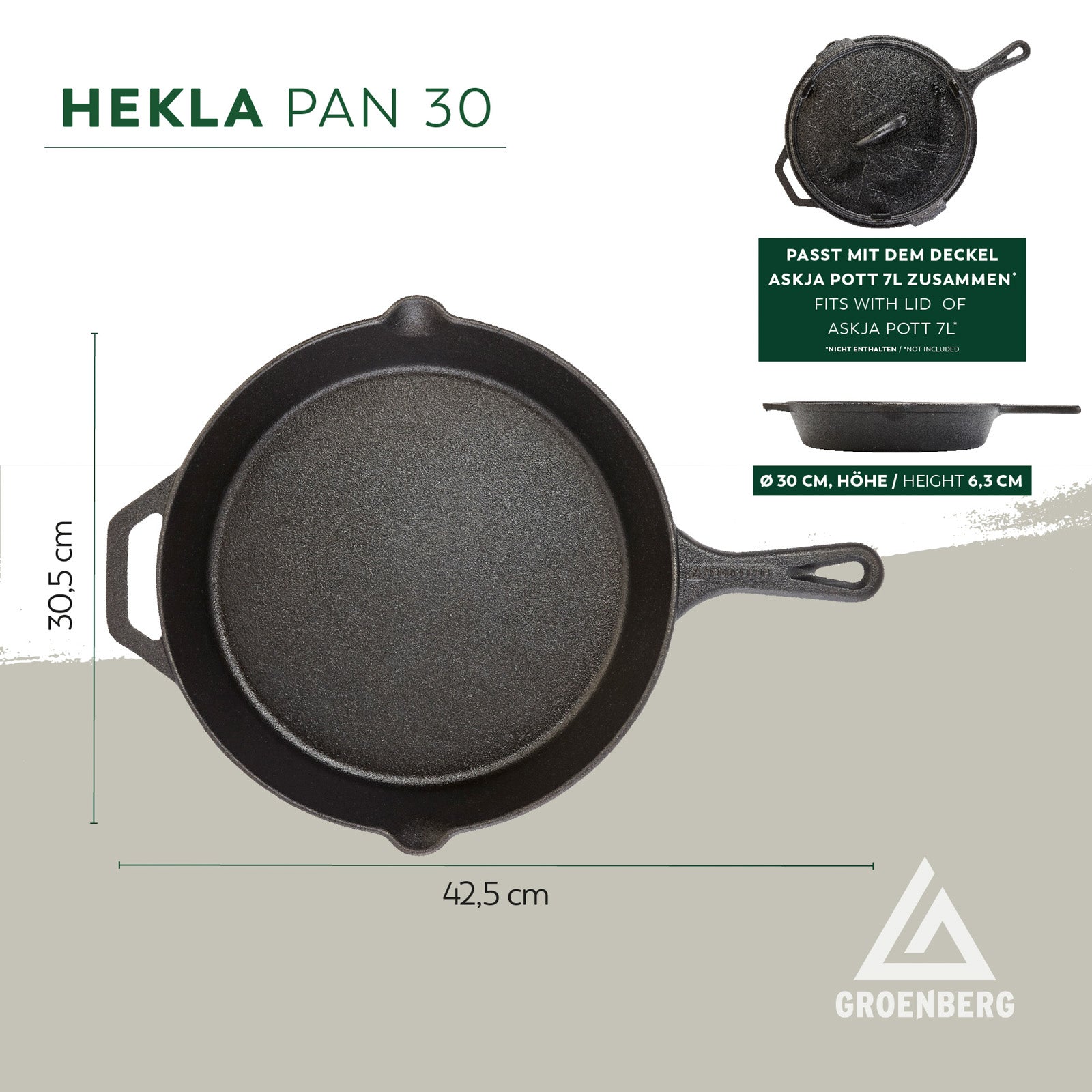 GROENBERG Gusseisen Pfanne Hekla Bratpfanne Grillpfanne Pfanne Griff Rund 30 cm