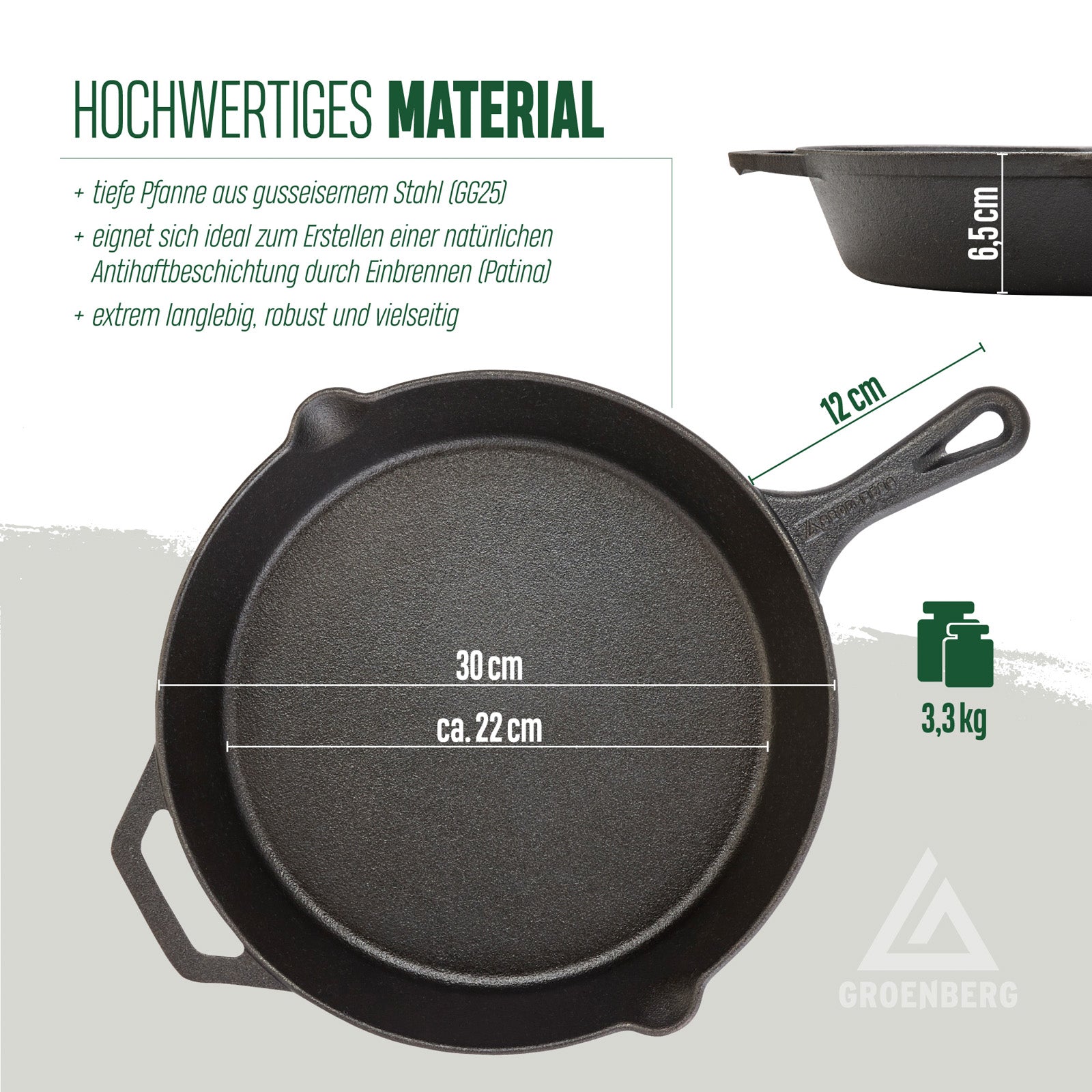 Poêle en fonte GROENBERG Hekla poêle à frire poêle à griller manche rond 30 cm