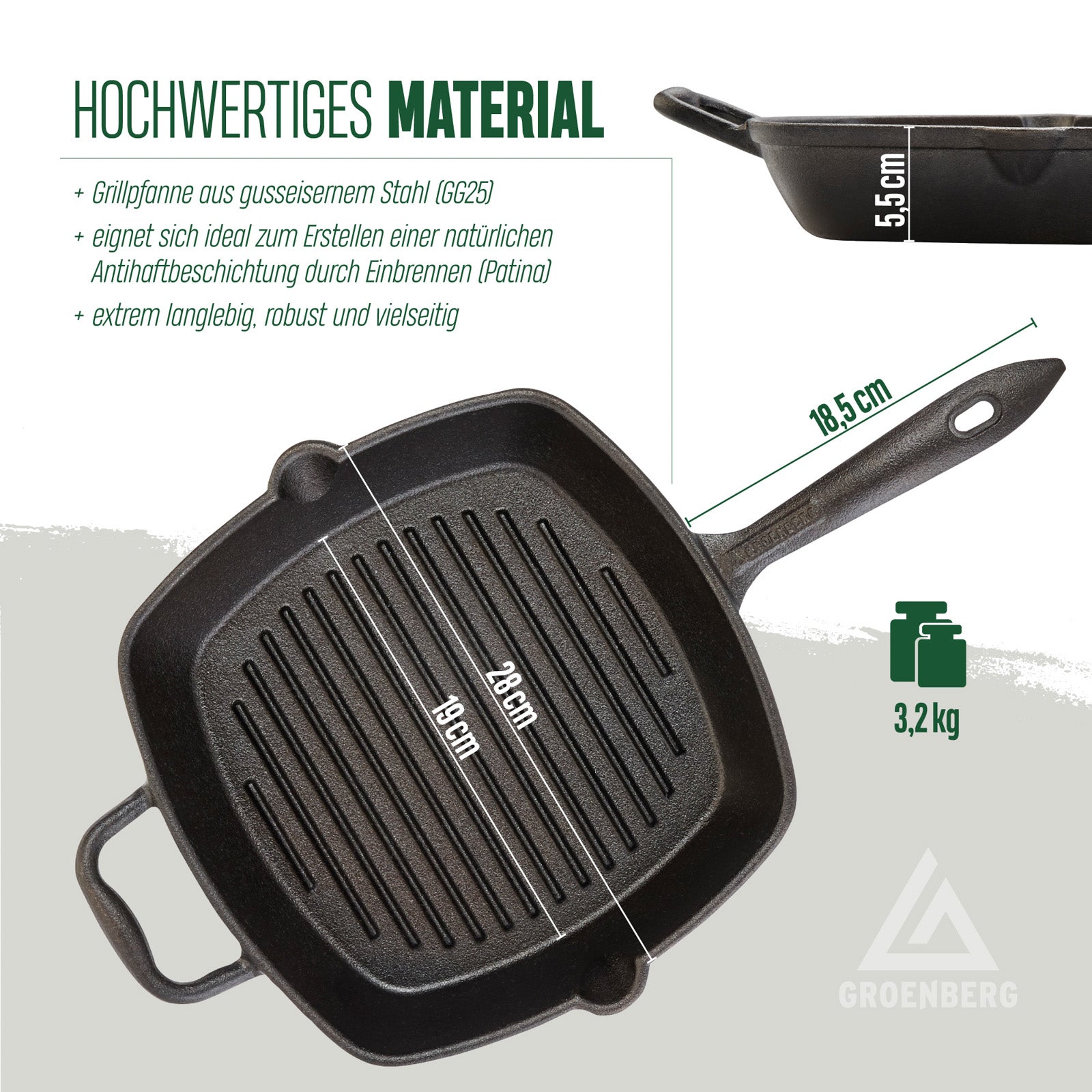 GROENBERG Grill Pan Cast Iron Pan Nabro Frying Pan Handle Square 28 cm