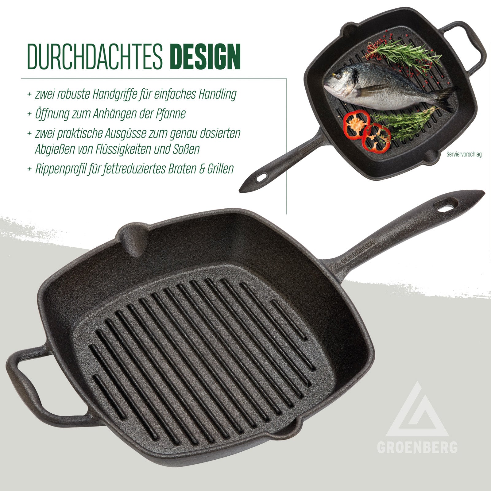 GROENBERG Grill Pan Cast Iron Pan Nabro Frying Pan Handle Square 28 cm