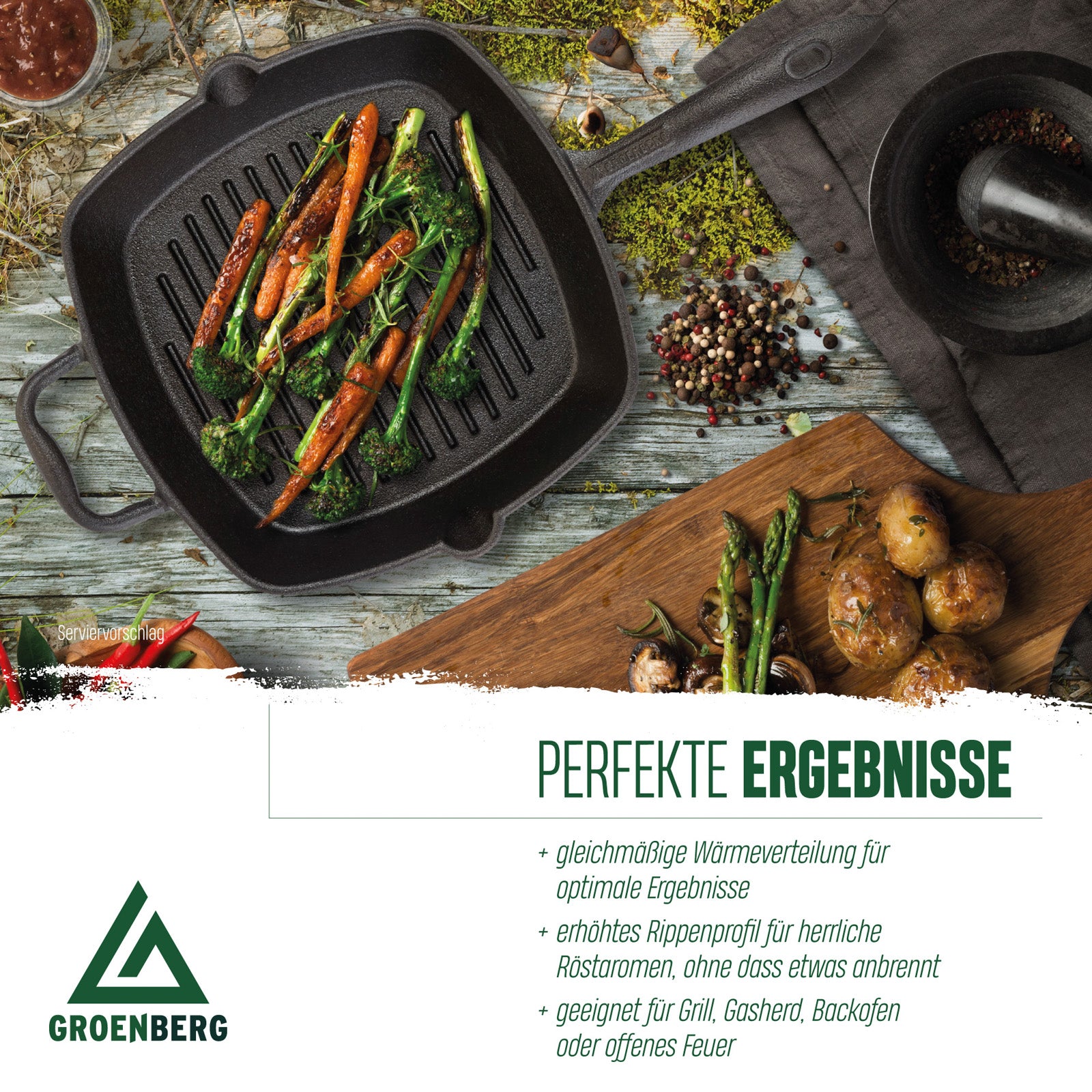 GROENBERG Grill Pan Cast Iron Pan Nabro Frying Pan Handle Square 28 cm