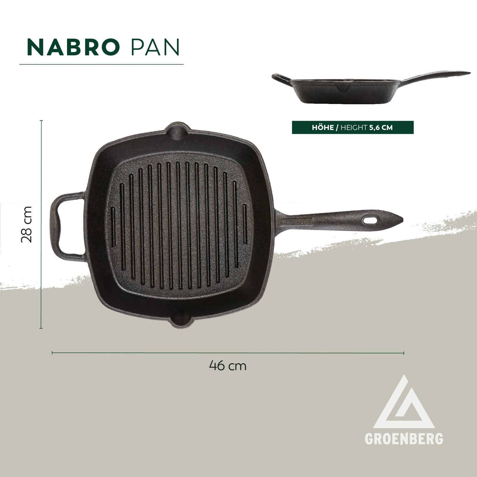 GROENBERG Grill Pan Cast Iron Pan Nabro Frying Pan Handle Square 28 cm