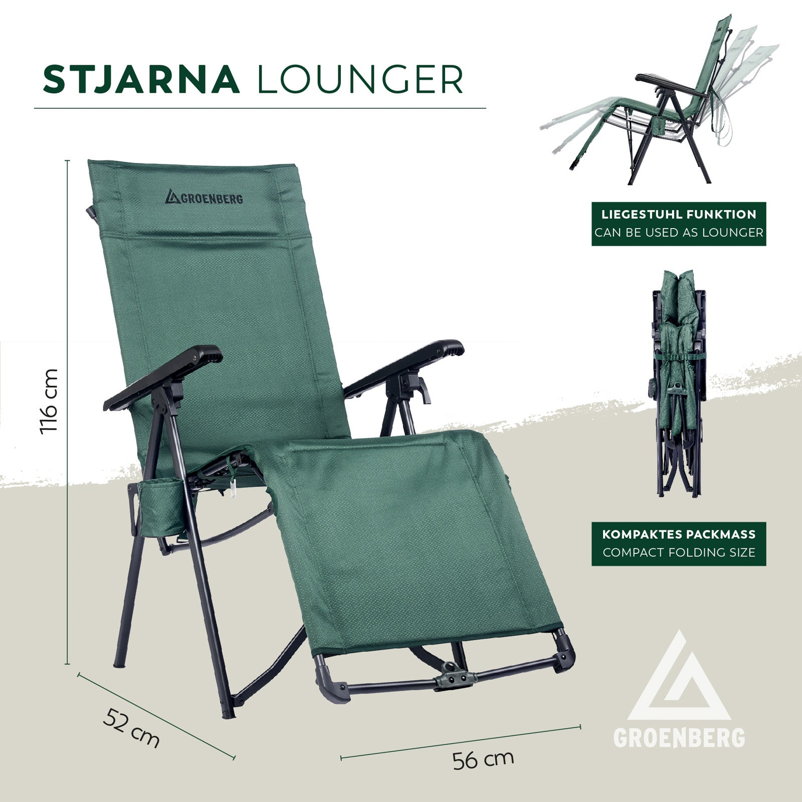 Chaise de camping GROENBERG Stjarna, chaise longue de plage pliable et réglable en continu