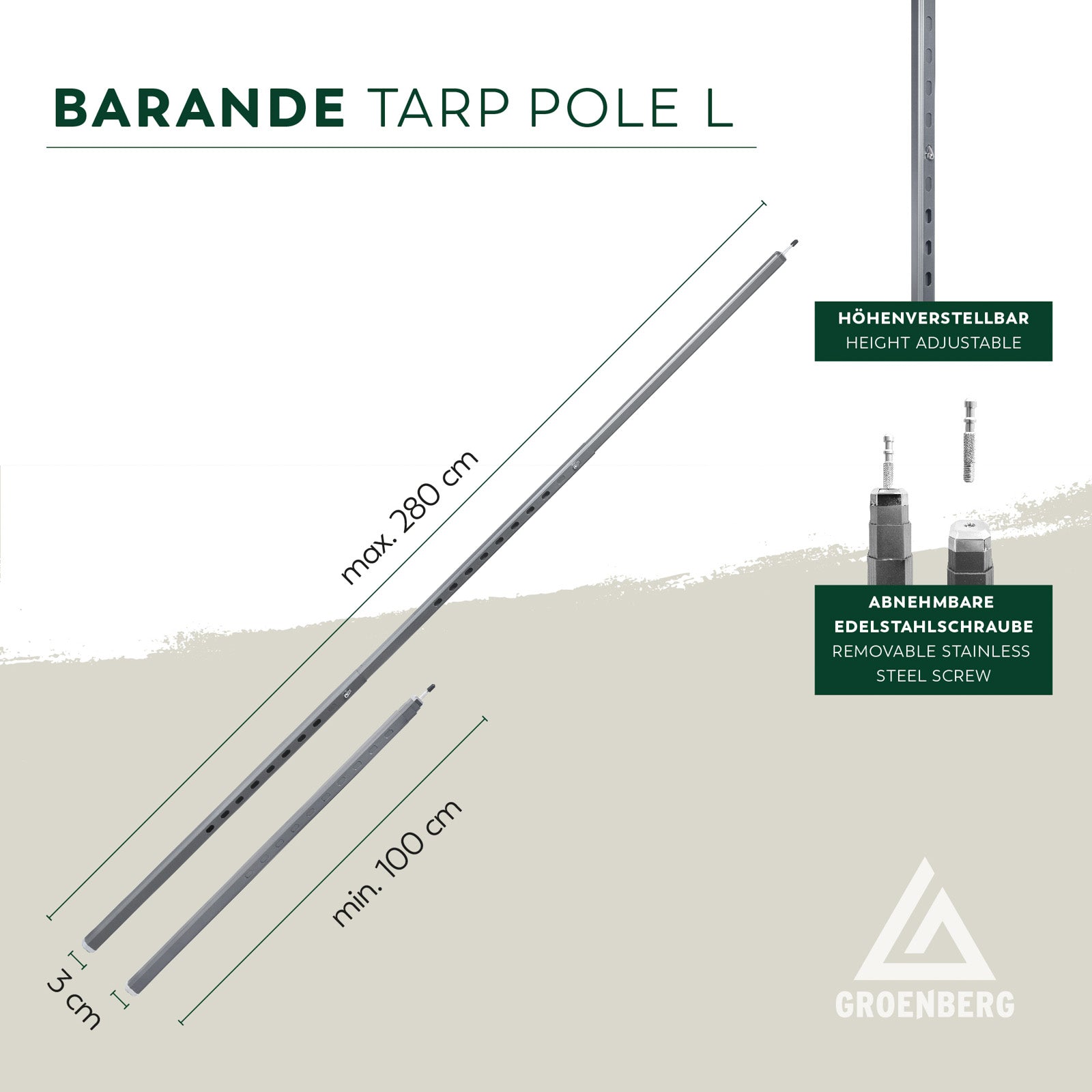 GROENBERG Teleskop Tarpstange Tarp Pole Barande L Sonnensegel Zelt Gestänge Alu