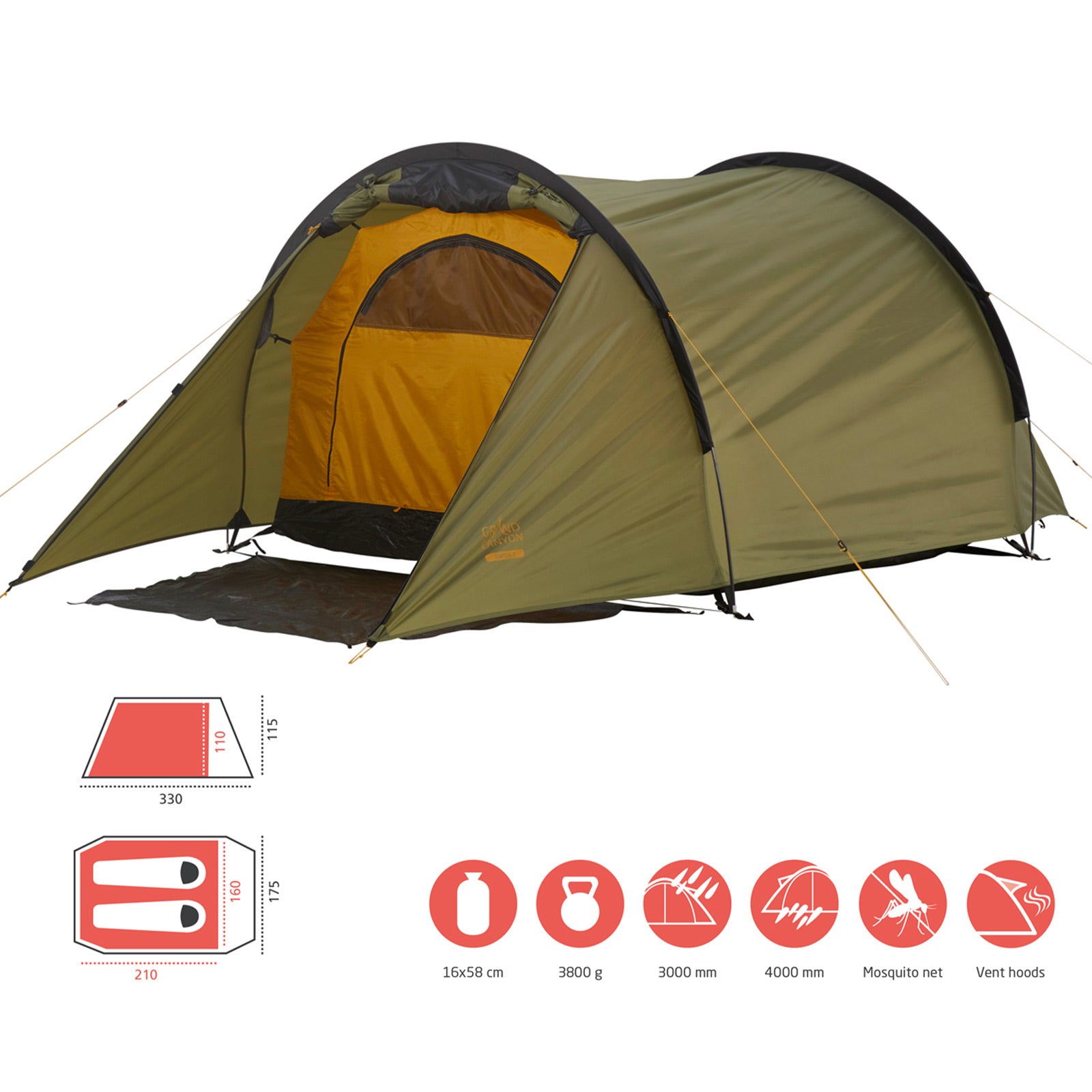 GRAND CANYON Tunelzelt Robson 2 Personen Zelt Familien Camping Leicht Vorraum