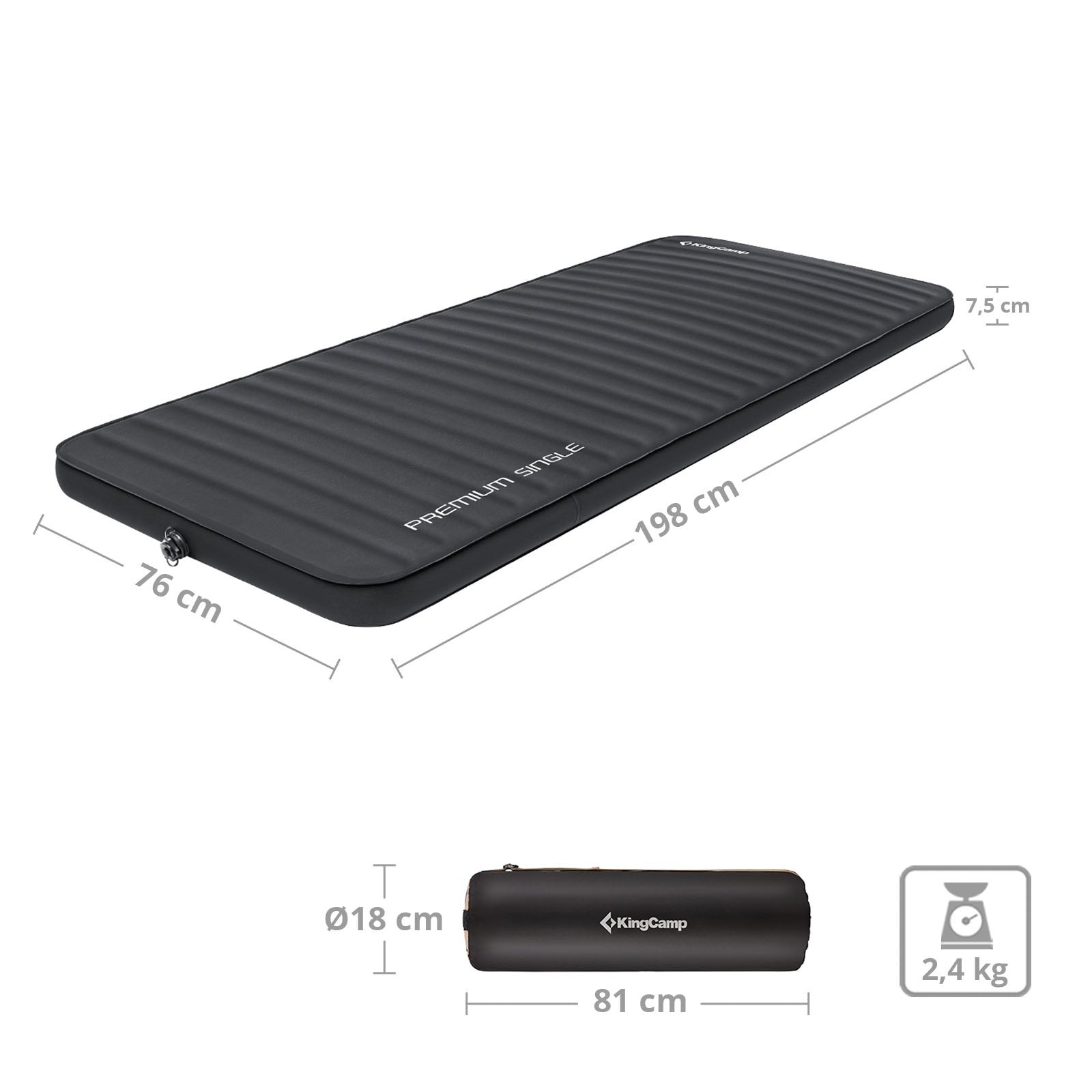 KINGCAMP Airbed Premium Single Sleeping Mat Self-Inflating Camping Bed 7.5 cm