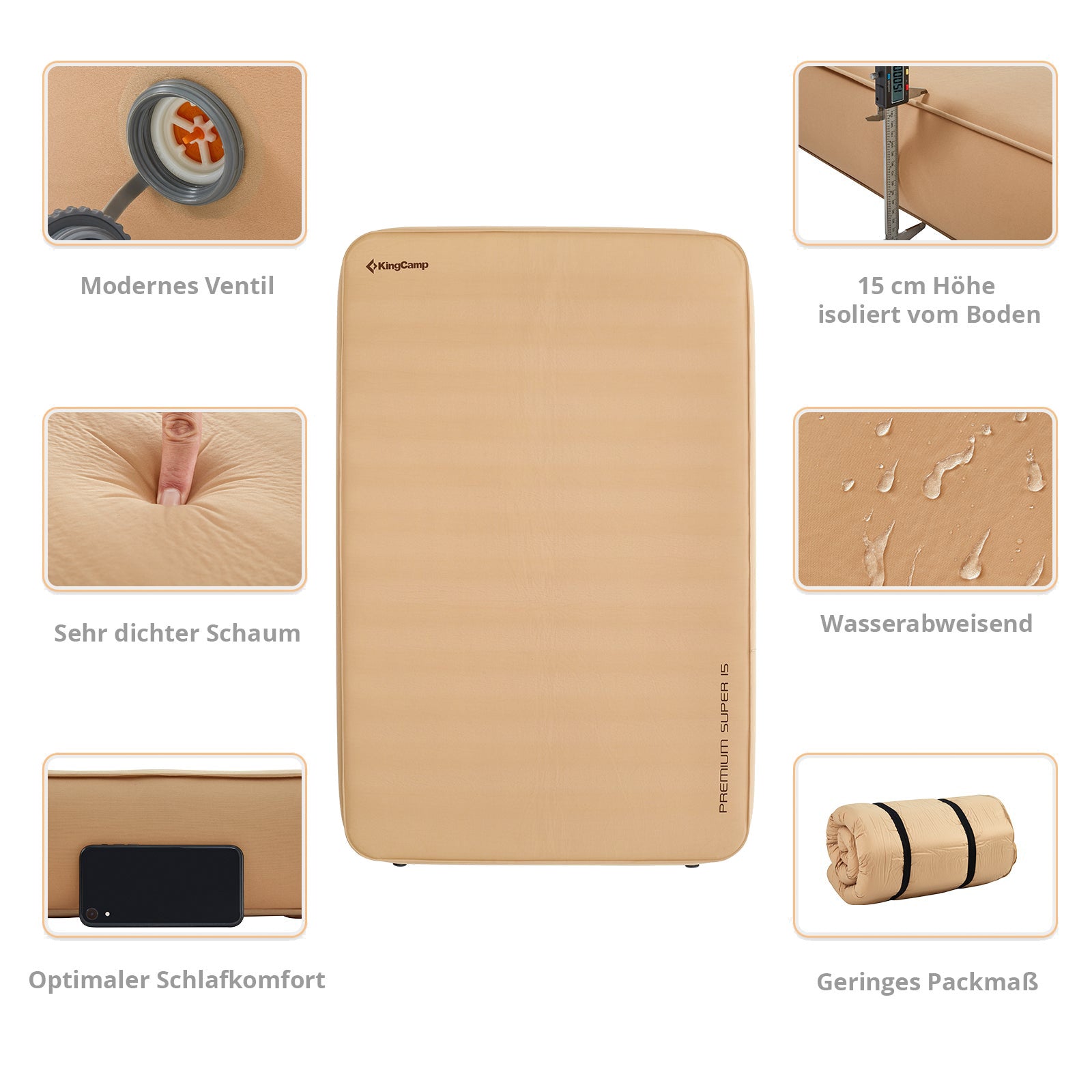 Matelas gonflable de camping Kingcamp Premium Deluxe Double autogonflant 15 cm